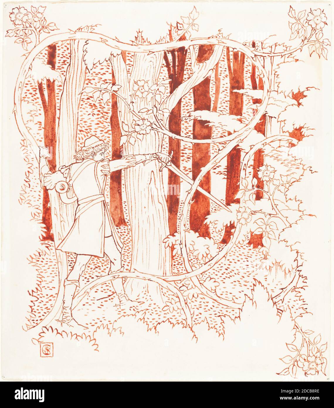 Walter Crane, (artista), British, 1845 - 1915, Prince Charming in the Forest, penna e pennello e inchiostro rosso, totale: 29.3 x 25.5 cm (11 9/16 x 10 1/16 pollici Foto Stock