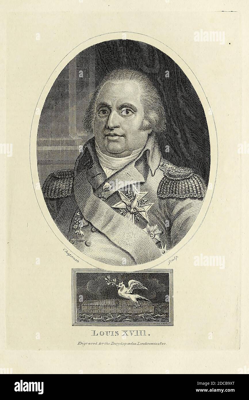 Luigi XVIII (Luigi Stanislas Saverio, 17 novembre 1755 – 16 settembre 1824), conosciuto come il desiderato (in francese: le Désiré), fu Re di Francia dal 1814 al 1824, ad eccezione dei cento giorni del 1815. Trascorse ventitré anni in esilio: Durante la Rivoluzione Francese e il primo Impero Francese (1791-1814), e durante i cento giorni. Incisione su copperplate dell'Enciclopedia Londinensis OR, dizionario universale delle arti, delle scienze e della letteratura; Volume XVIII; a cura di Wilkes, John. Pubblicato a Londra nel 1821 Foto Stock