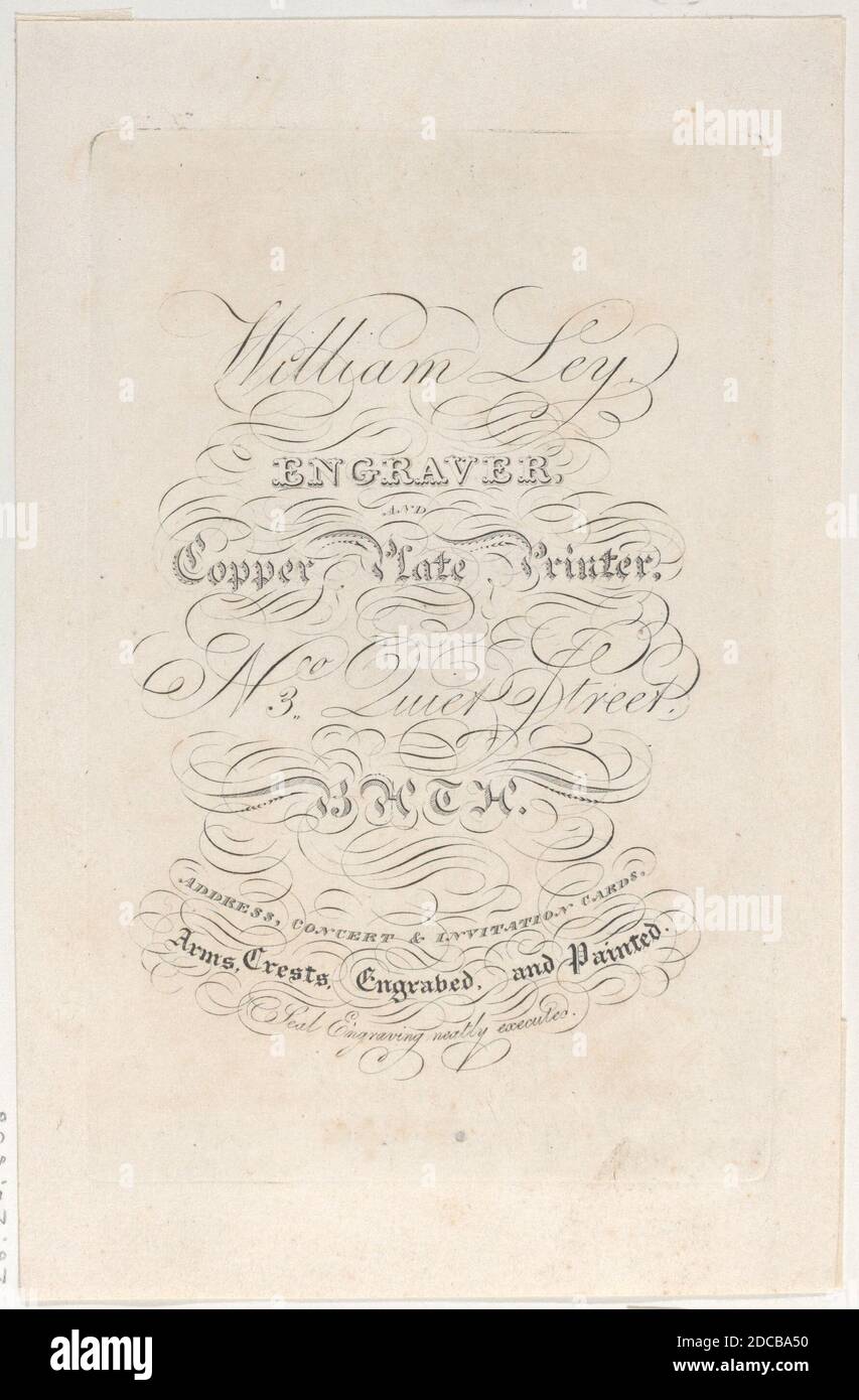 Trade Card per William Ley, incisore e ampli; stampante in rame, XIX secolo. Foto Stock