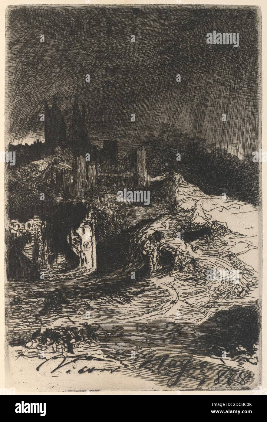 Victor Hugo, (artista), francese, 1802 - 1885, l'Eclair (Lightning), Sonnets et Eaux-Fortes (Sonnets and Etchings), (serie), 1868, incisione in nero su carta (facing, l'Eclair, di Paul Meurice), piatto: 21.7 x 14.5 cm (8 9/16 x 5 11/16 pollici), dimensioni pagina: 35.5 x 10 1/16 cm (14 x 25.5 pollici) Foto Stock