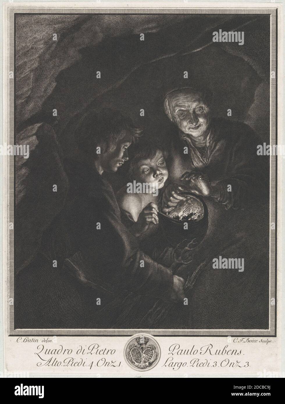 Scena notturna in una grotta con una vecchia donna che tiene calici brucianti in una pentola, un ragazzo che soffia nel fuoco a sinistra, ca. 1750-57. Foto Stock