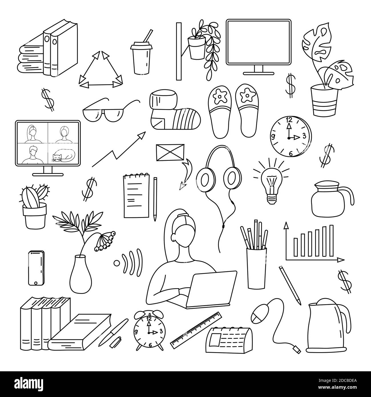 Design concetto sul tema lavoro da casa. Serie di illustrazioni vettoriali isolate su sfondo bianco. Illustrazione Vettoriale