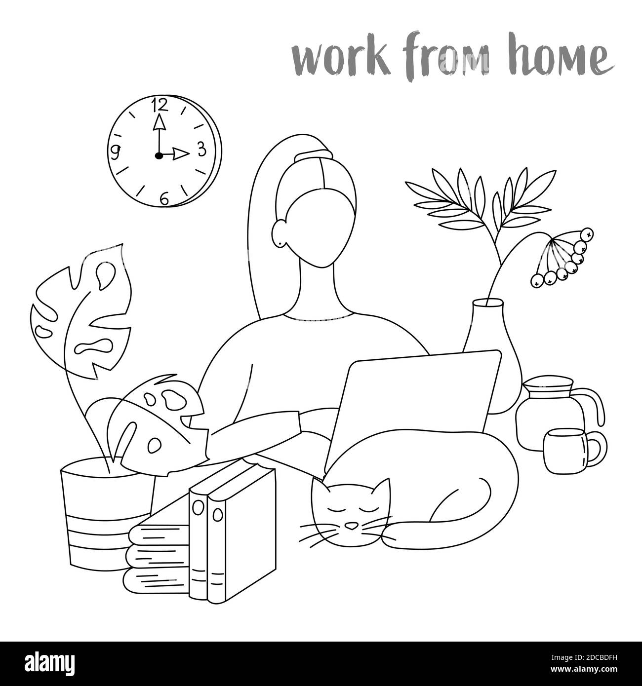 Lavoro da casa. Set di doodle Concept. La ragazza lavora a casa su un computer portatile. EPS 10 Illustrazione Vettoriale