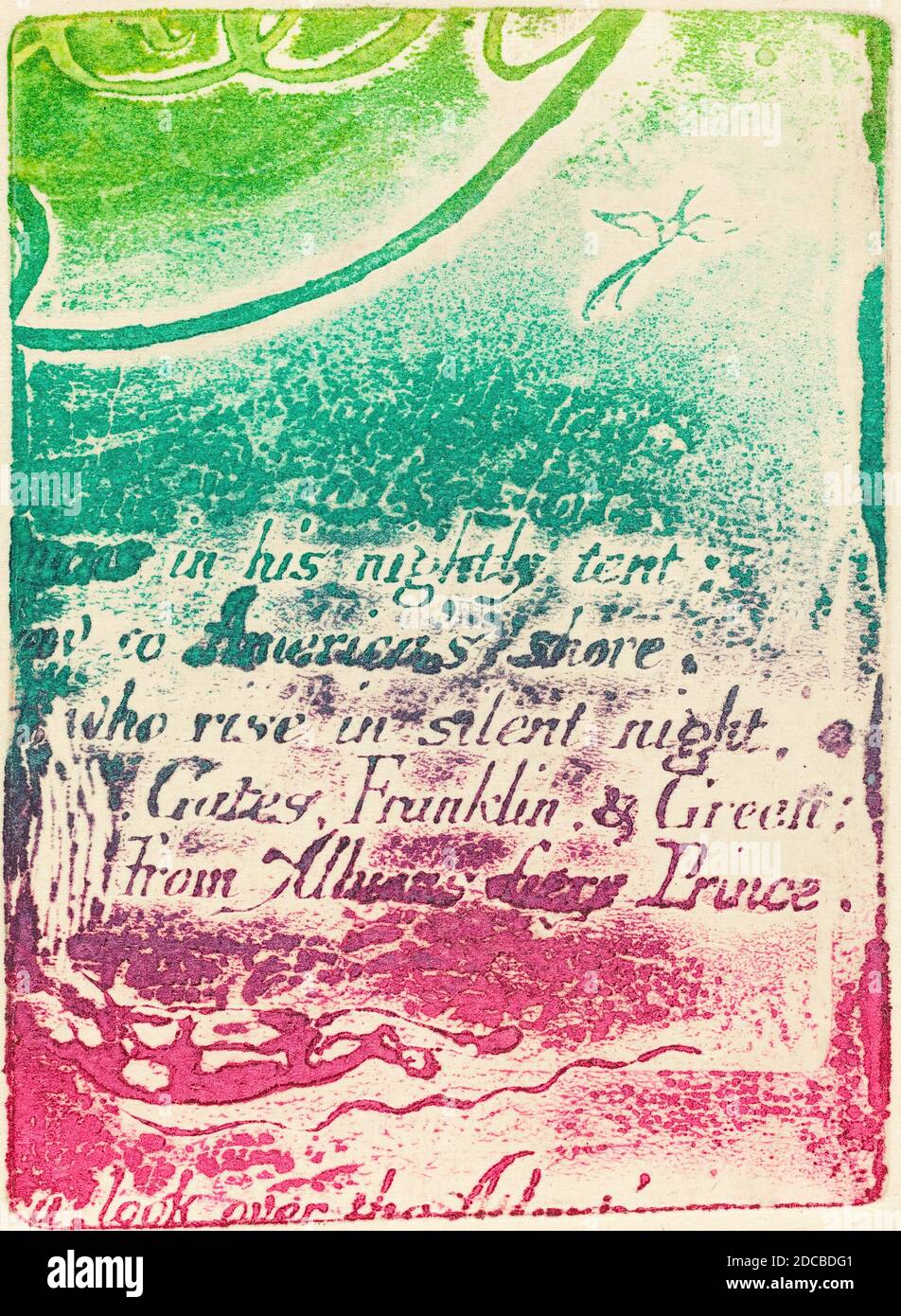 William Blake, (artista), British, 1757 - 1827, Restrike da frammento di piatto annullato per 'A Prophecy', America, UNA Profezia: no.3, (serie), 1793, rilievo incisione / tirato su sfondo colorato, madeby arrotolare l'altro lato del piatto con inchiostri e farlo scorrere attraverso la stampa Foto Stock