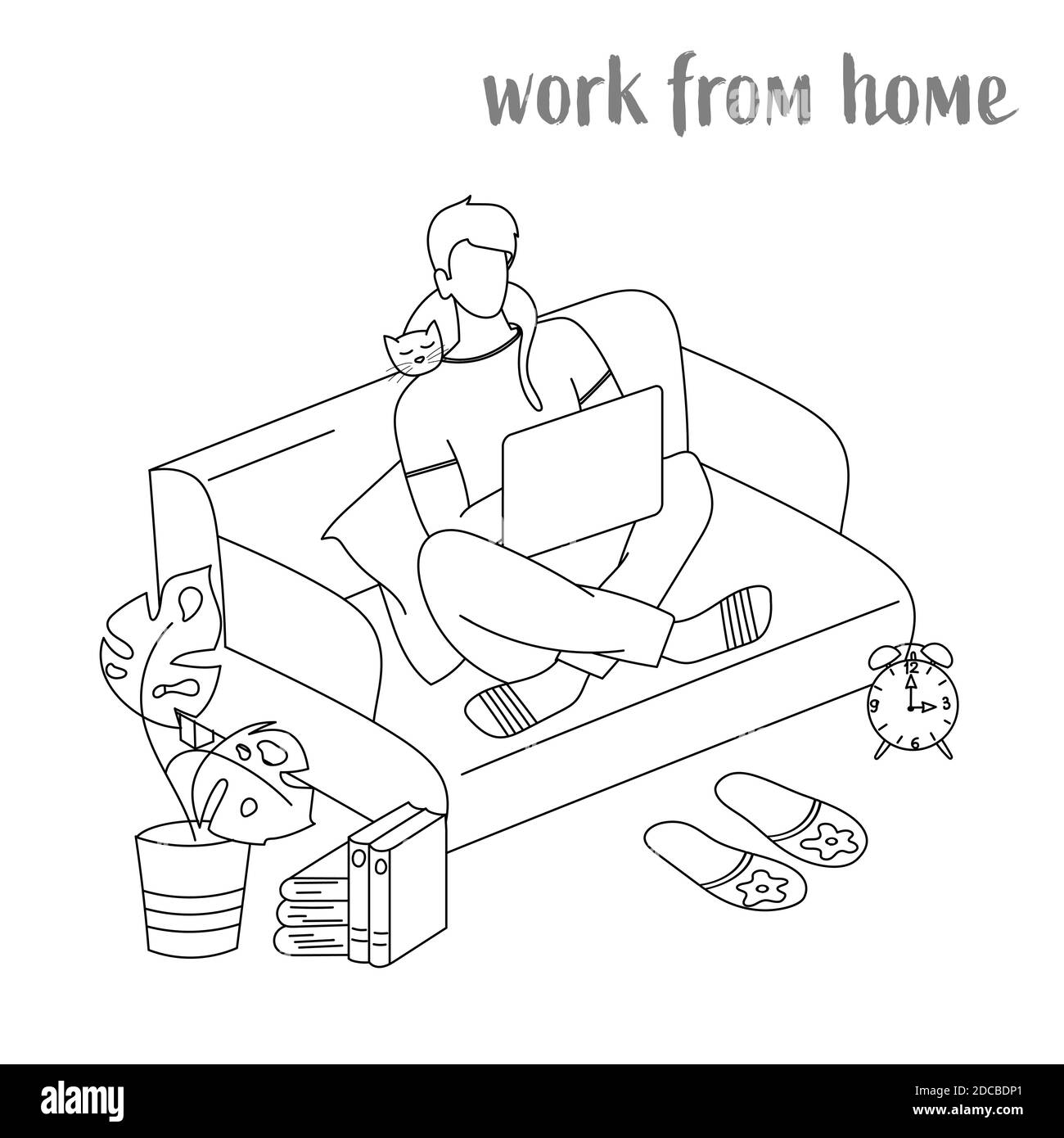 Lavoro da casa. Un insieme concettuale di Doodles. Un uomo con un computer portatile sul divano. Illustrazione Vettoriale