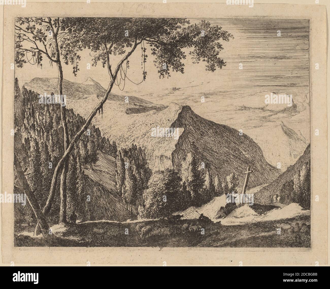 Melchior Küsel, (artista), tedesco, 1626 - 1683, Roelant Roghman, (artista), olandese, 1627 - 1692, Paesaggio roccioso con croce: pl.5, otto Paesaggi tirolesi, (serie), incisione Foto Stock