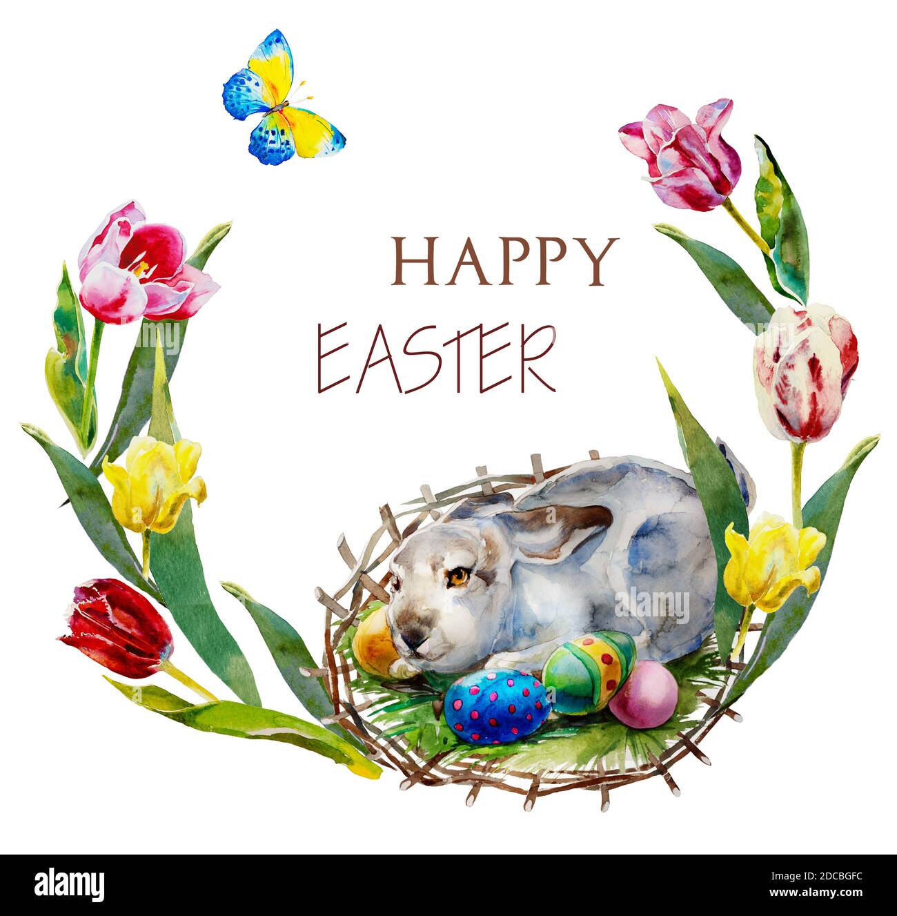 primavera pasqua acquerello sfondo wreath disegno cornice con fiori, coniglio e uova da pittura originale a mano tulipani illustrazione, rosso, giallo, rosa Foto Stock