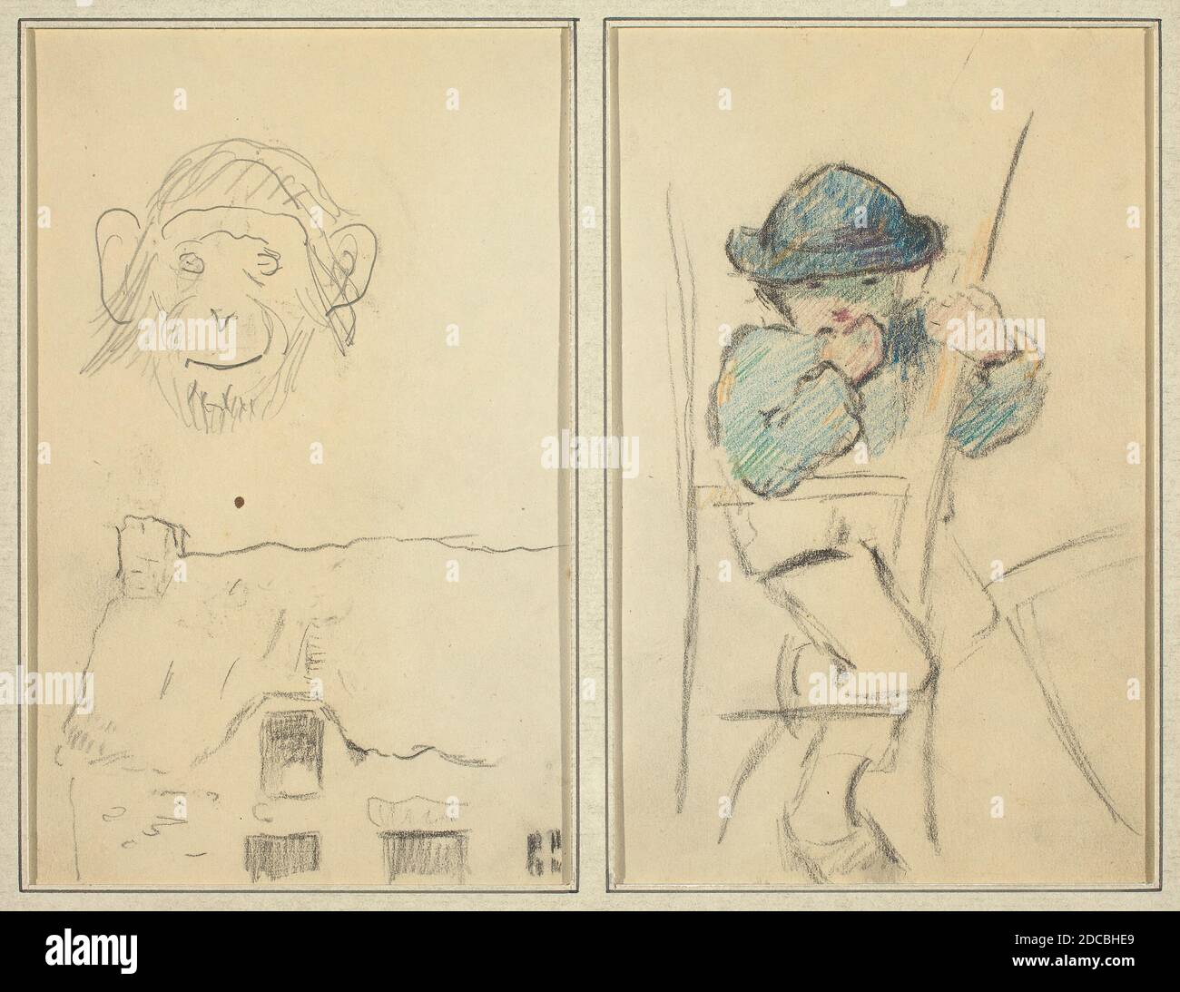 Paul Gauguin, (artista), francese, 1848 - 1903, scimmia e Cottage; Little Breton Boy, Breton Sketchbook, n° 16, (serie), 1884-1888, grafite e crayon su carta wove Foto Stock