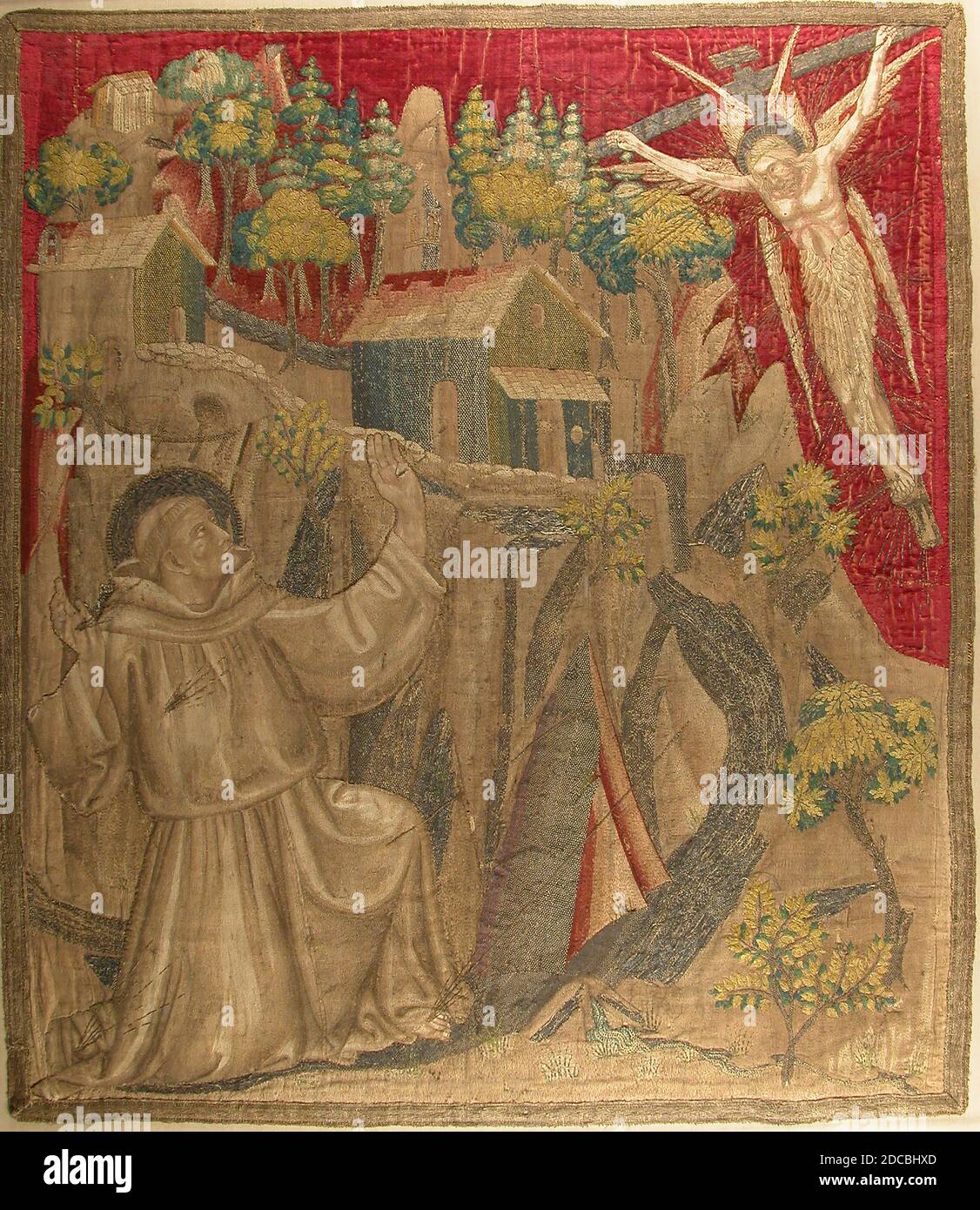 Tessile con San Francesco che riceve le Stimmate, italiano, fine 14 ° secolo. Foto Stock