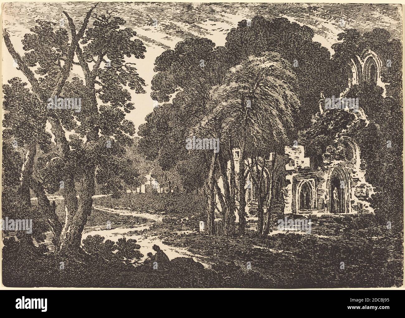 Richard Cooper II, (artista), British, 1740 - dopo il 1814, rovinato Abbazia tra gli alberi, esemplari di poliautografia, (serie), 1802, litografia a penna e a tusche Foto Stock