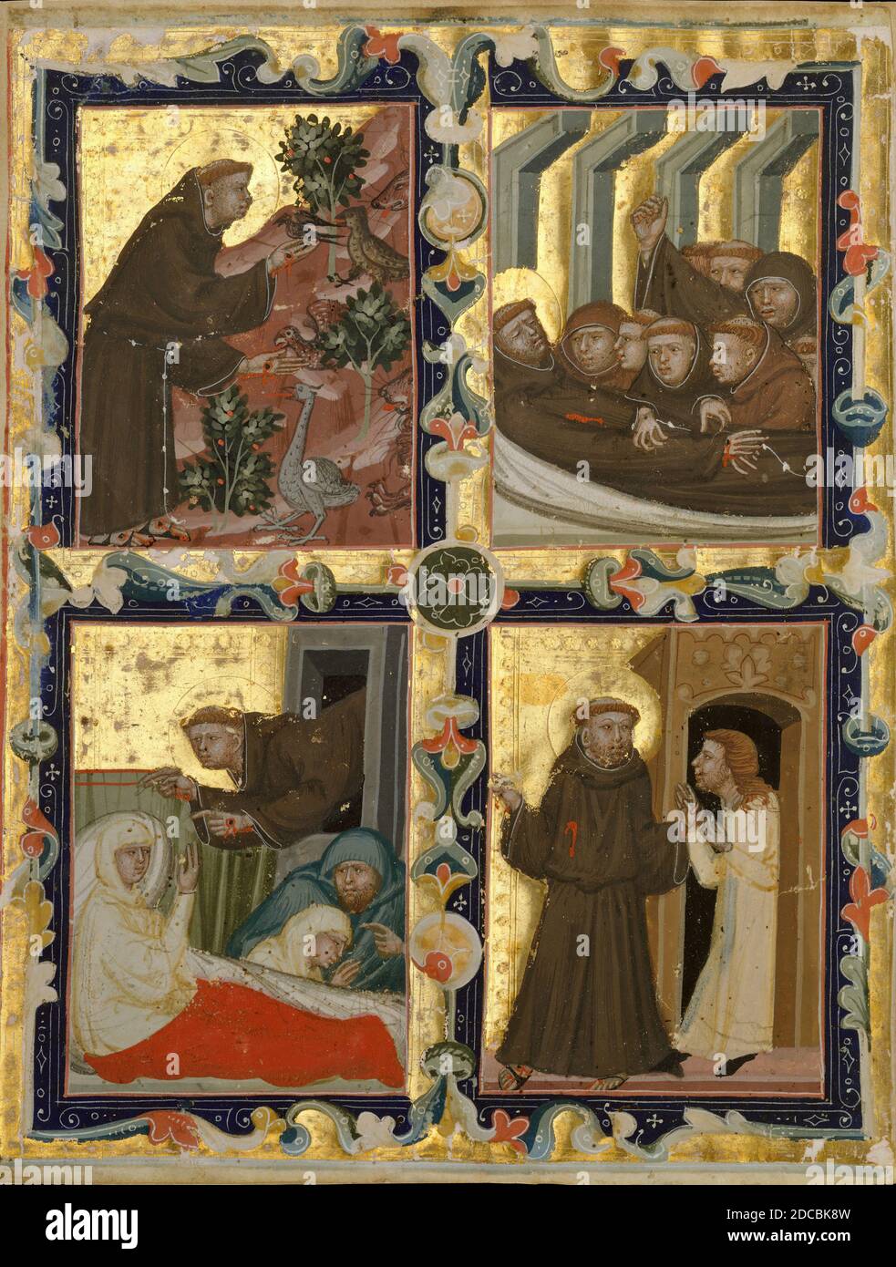 Foglia manoscritta con scene della vita di San Francesco d'Assisi, italiano, ca. 1320-42. Foto Stock