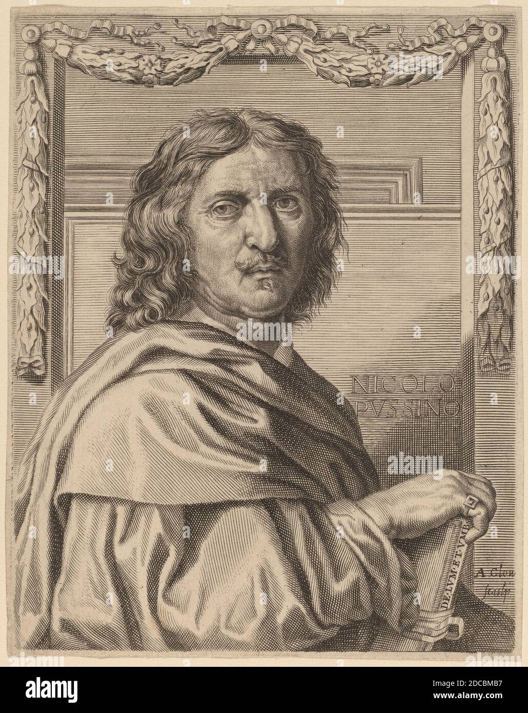 Albert Clouet, (artista), fiammingo, 1636 - 1679, Nicolas Poussin, incisione su carta, foglio (tagliato all'interno della tacca della piastra): 15.3 x 12.2 cm (6 x 4 13/16 pollici Foto Stock