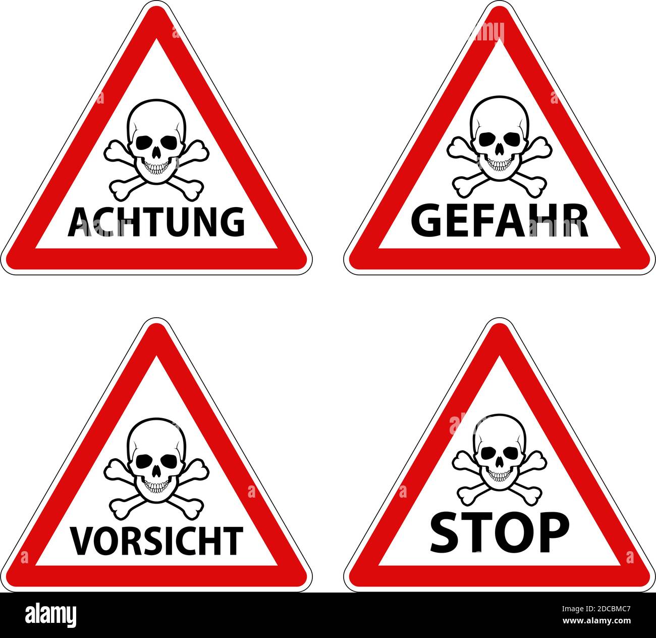 Cartello stradale tedesco di pericolo con cranio e crossoni con immagine vettoriale a cornice rossa Illustrazione Vettoriale