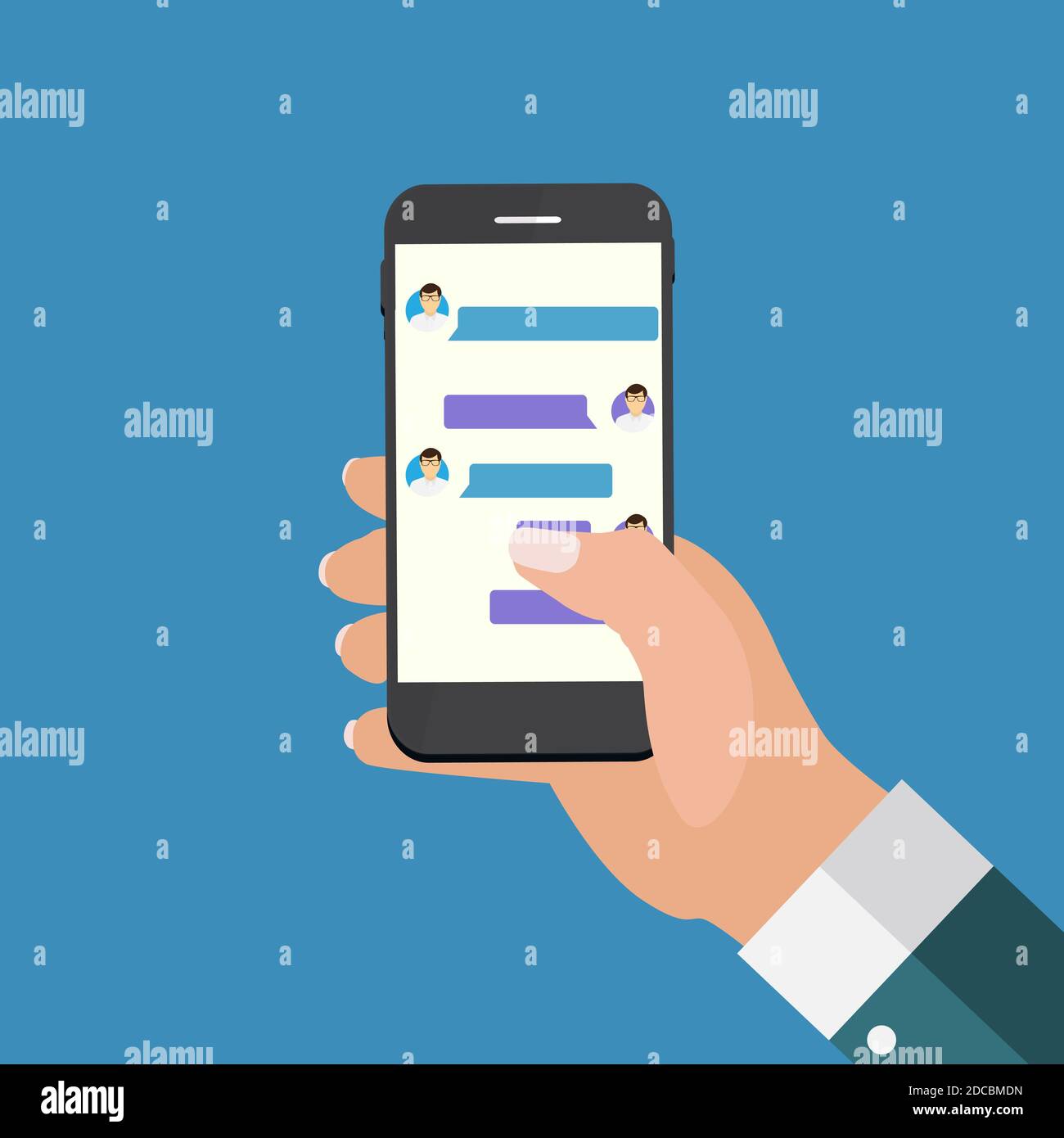Mobile Apps Concept Hand Holding Phone. Concetto di social network. Astratto Messenger Wndow con Chating e messaggi Chat caselle. Illustrazione. Foto Stock