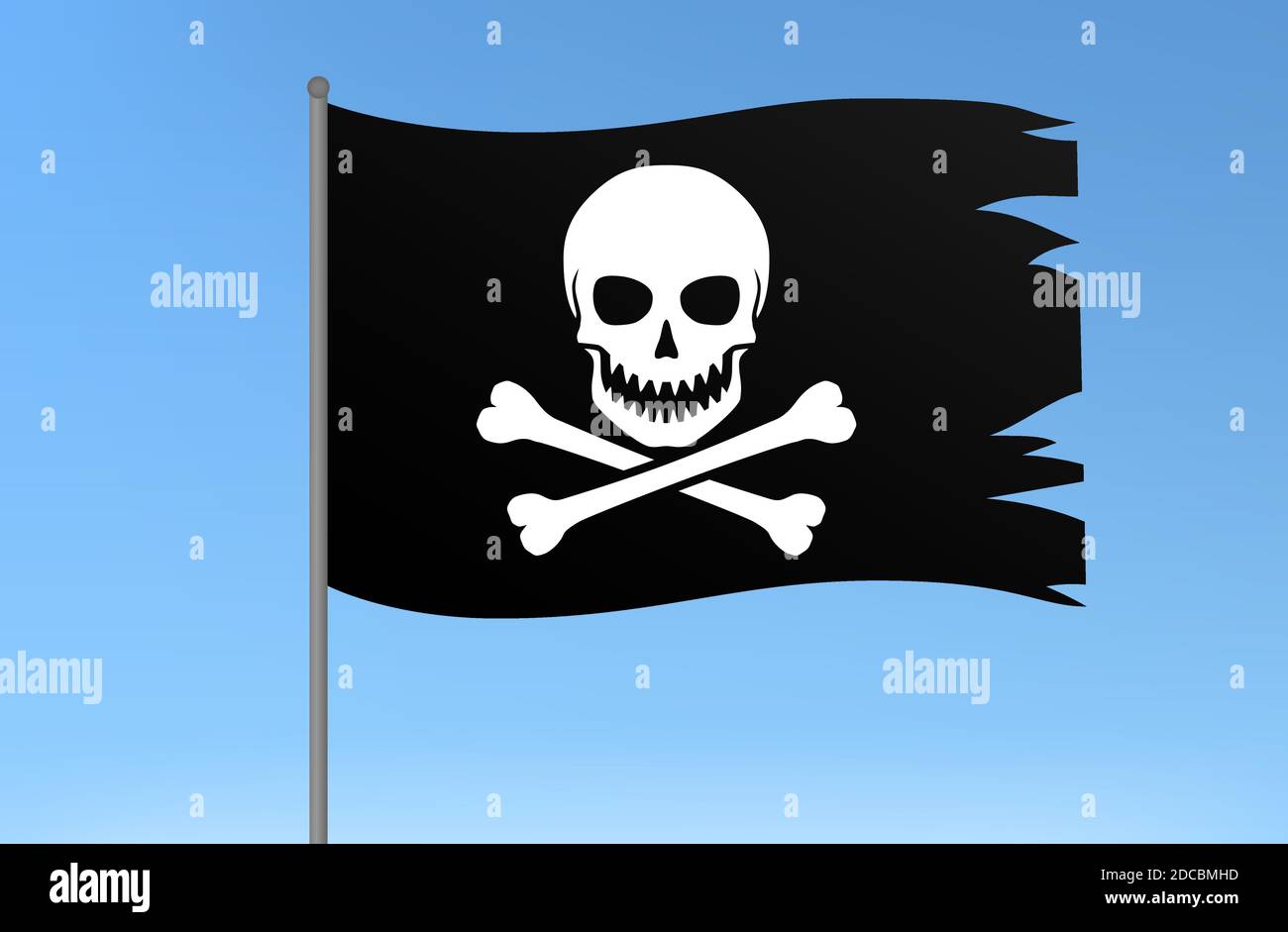 Bandiera nera dei pirati con cranio e crossbone a denti taglienti malvagi simbolo jolly roger vettore illustrazione Illustrazione Vettoriale