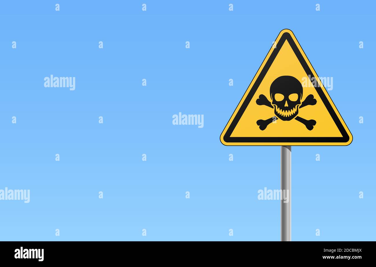 Cartello giallo di avvertenza o pericolo con cranio e crossoni e l'illustrazione vettoriale dello sfondo blu del cielo Illustrazione Vettoriale