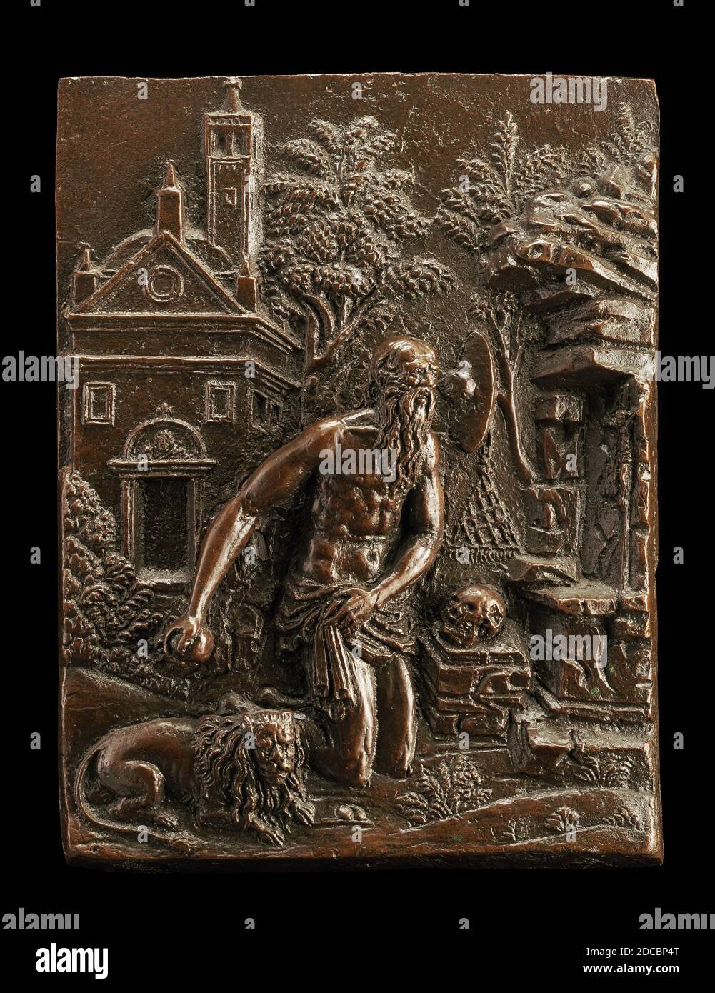 Italia settentrionale (Veneto) XVI secolo, (artista), San Girolamo in Penitenza prima di una chiesa rustica, c.. 1505/1510, bronzo, totale: 13.9 x 10.5 cm (5 1/2 x 4 1/8 in.) peso lordo: 820 gr Foto Stock