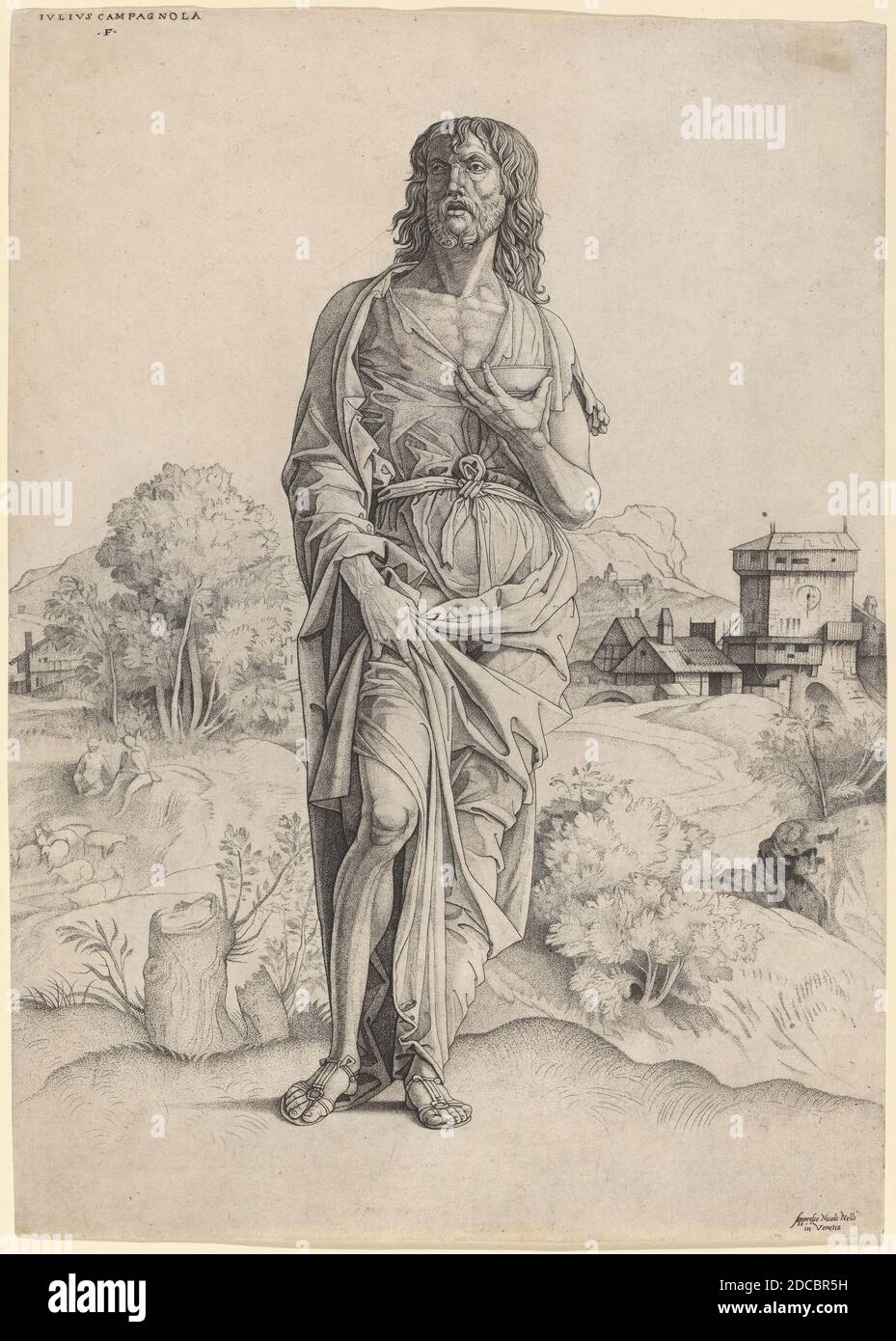 Giulio Campagnola, (artista), Veneziano, 1482 - dopo il 1514, San Giovanni Battista, c.. 1505, incisione e incisione a pioli, foglio: 33.2 x 23.5 cm (13 1/16 x 9 1/4 pollici Foto Stock