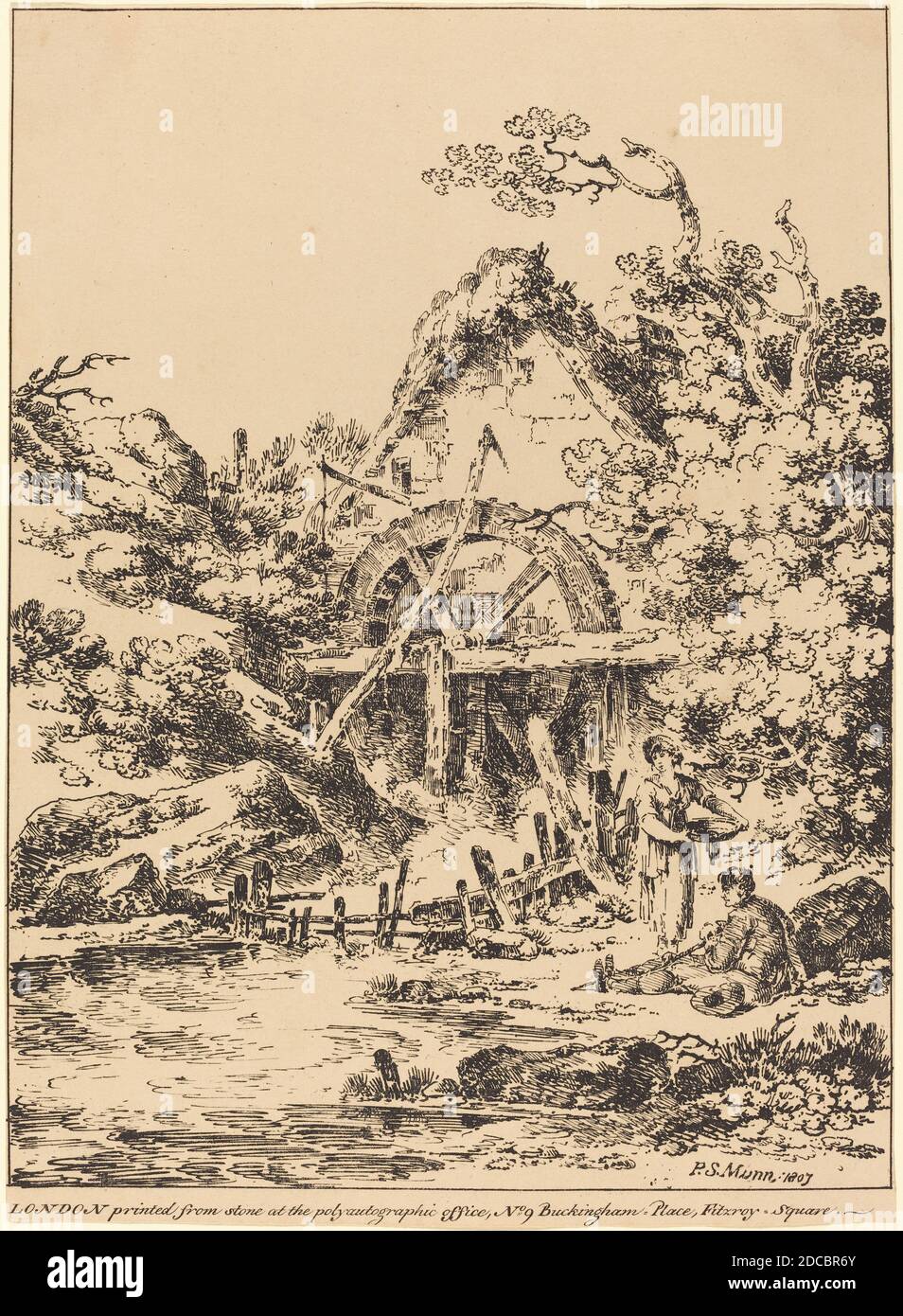 Paul Sandby Munn, (artista), British, 1773 - 1845, Old Water Mill, esemplari di poliautografia, (serie), 1807, litografia a penna e a tusche Foto Stock