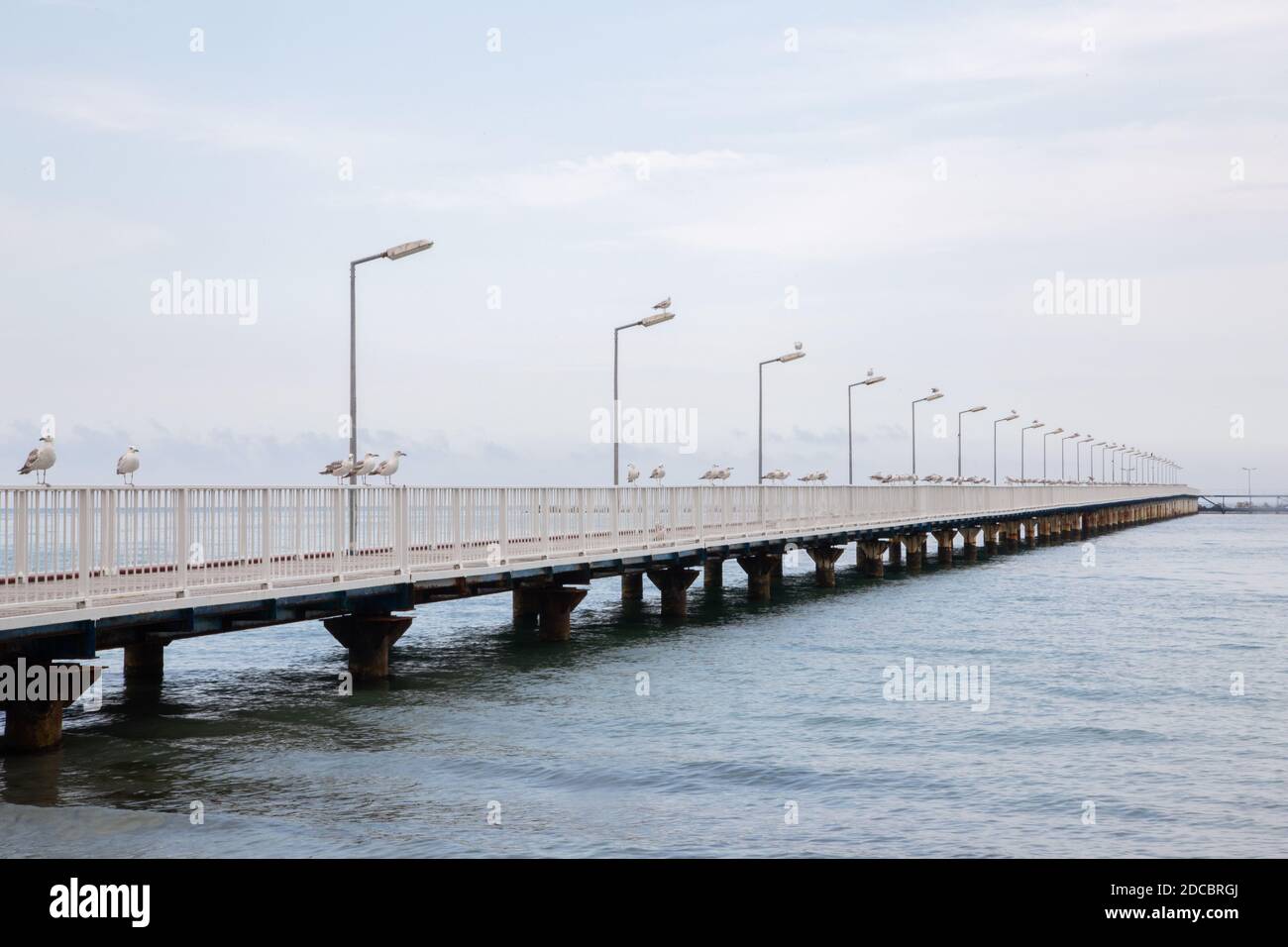 Sfondo di mare bello calmo e cielo blu e un molo con gabbiani Foto Stock