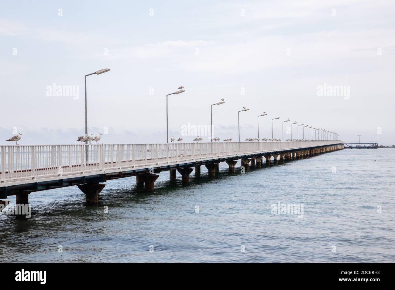 Sfondo di mare bello calmo e cielo blu e un molo con gabbiani Foto Stock