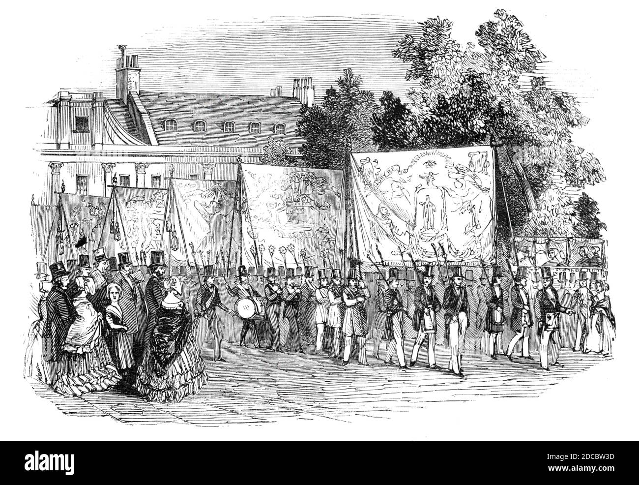 Incontro dell'Ordine migliorato degli antichi amici a Finsbury-Square, 1844. Cerimonia a Londra: '...le numerose logge passarono in processione, ciascuna accompagnata dalla sua bandiera e banda di musica...l'aspetto delle bandiere molto splendido, non essendo mancanza di oro e argento su questi enormi fogli galleggianti di emblazonatura...ci erano in tutta la processione quasi 2000 persone, 74 striscioni, E 30 bande di musica; e le masse commoventi di spettatori stavano sbalordendo .... l'"Ordine" è una Società amichevole migliorata, una di quelle istituzioni che, una volta fondata su principi corretti, e prud Foto Stock