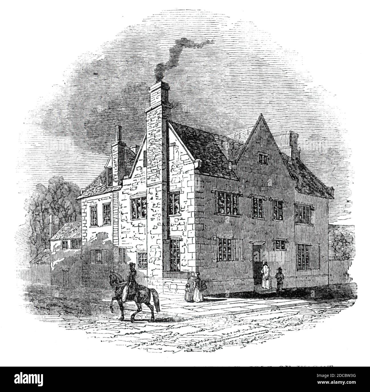 The Free Grammar School, Newport, Isle of Wight, 1844. 'Questo antico edificio è celebrato per la sua associazione con le fortune di Carlo I. durante quell'infatiato soggiorno del Sovrano nell'Isola di Wight. È ancora utilizzato come scuola-casa, ed è exteriorly costruito del freestone molle trovato nell'isola, sagomato in grezza somiglianza di mattoni; ma, agli angoli dell'edificio, le pietre sono ordinatamente squadrato: parti delle pile di camini mostrate nell'incisione sono costruite di mattoni. Da "Illustrated London News", 1844, Vol I. Foto Stock