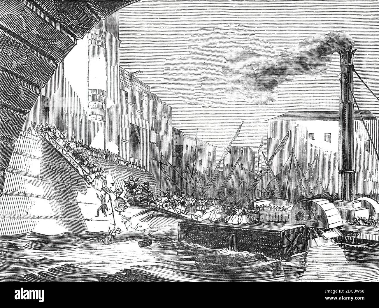 Terribile incidente al Blackfriars Bridge, 1844. '...un incidente di natura più spaventosa si è verificato presso il molo del battello a vapore [sul Tamigi a Londra]... una folla di guardatori, composti principalmente da cameriere e bambini, affollato ai gradini che scendono verso il fiume, e riempito il molo galleggiante... quando i gommini che sostenevano il molo, E che era stato esposto per un tempo considerevole all'azione della marea& x2019;s ebb e flusso, improvvisamente ha dato modo, e... Verso l'alto di venti persone sono state precipitate nel fiume Blomfield, chirurgo, di Ratcliffe, è successo a. Foto Stock