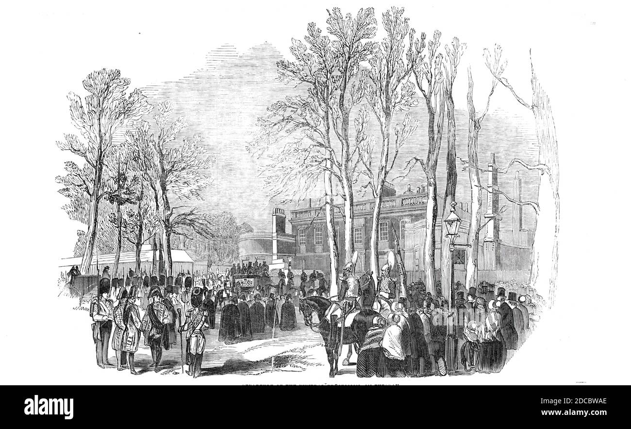 Partenza della processione funeraria, martedì 1844 dicembre. I Mourners al di fuori della casa di Ranger, nel sud di Londra, dove il corpo della principessa Sophia di Gloucester, la bisnipote di re Giorgio II si trovava nello stato. La bara è stata poi portata alla Cappella di San Giorgio al Castello di Windsor: 'La processione si spostò su Blackheath-Hill, attraverso Deptford, New-cross, Peckham, Camberwell, Camberwell New-Road, Kennington-oval, sul ponte Vauxhall, su Grosvenor-Place, attraverso Hyde- Park, e lungo la Edgeware-Road fino al capolinea Paddington della Great Western Railway, che è stato raggiunto alle cinque. Da Foto Stock