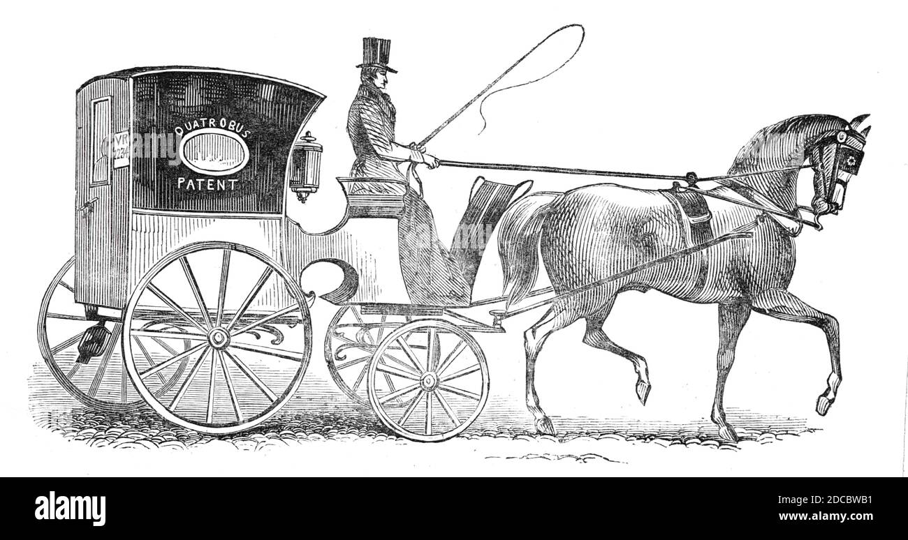 Il nuovo brevetto "Quartobus" CAB, 1844. Taxi trainato da cavalli: '...it è l'invenzione di MR. Okey, proprietario dell'Hero di Waterloo, nella Waterloo-Road che è anche il costruttore e proprietario. È costruito per trasportare quattro all'interno, ed è, di conseguenza, da essere denominato "un quarto". Il suo aspetto è molto compatto ed elegante; E ad una persona seduta all'interno, ha un aspetto insolitamente leggero e piacevole.il grande miglioramento consiste nel fatto che le ruote anteriori e posteriori non sono più di un piede di distanza, il tiraggio essendo di conseguenza molto più facile che nelle vecchie cabine, le cui ruote Foto Stock