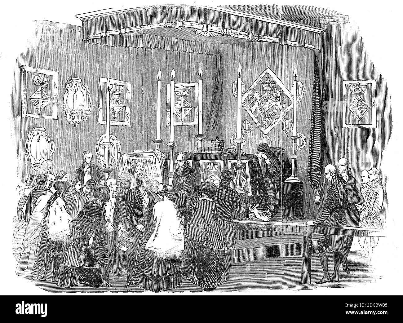 Cerimonia di menzogna in stato presso la Casa del Ranger, lunedì scorso, 1844 dicembre. Accordi per il funerale della principessa Sophia di Gloucester, bisnipote di Re Giorgio II Dopo essere stato a Blackheath, nel sud di Londra, il corpo è stato portato alla Cappella di San Giorgio al Castello di Windsor. Da "Illustrated London News", 1844, Vol I. Foto Stock