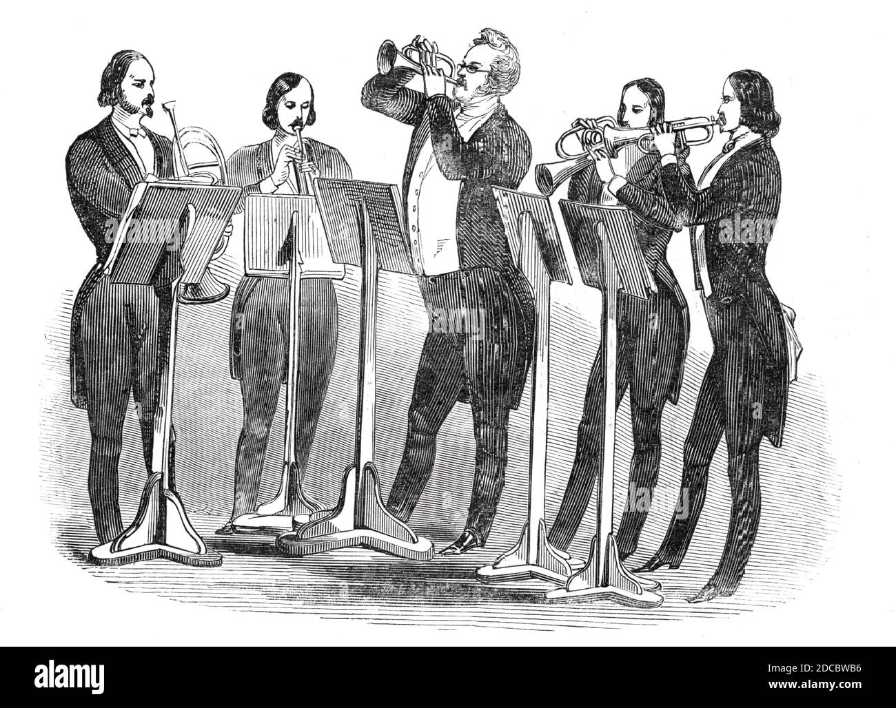 La Famiglia Distin, 1844. John Distin e i suoi figli erano musicisti britannici che si esibivano su sasshorn e influivano sull'evoluzione degli strumenti di ottone nella musica allora popolare. 'Mr. Distin e i suoi quattro figli sono stati per diversi anni prima del pubblico. Il sig. Distin senior, per più di nove anni, fu la principale tromba nella band privata di King George IV'. Sono stati invitati a fare un processo su alcuni strumenti di nuova invenzione, prodotti da M. Adolphe Sax, a Parigi. Con l'introduzione dei migliori Sax Horns di Distin a Parigi, hanno subito assicurato il successo...i Distins sono al pr Foto Stock