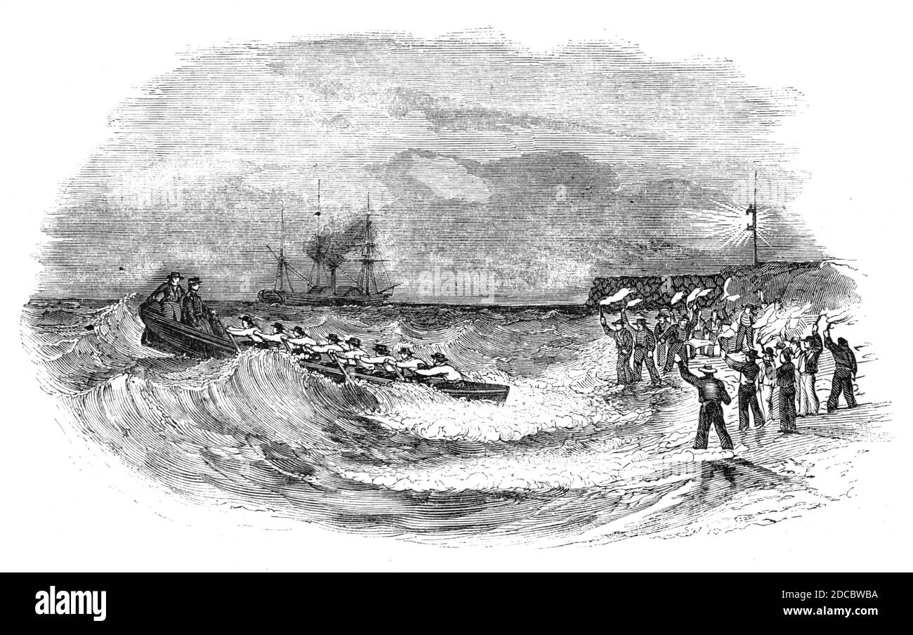 Landing the Abstract Express, a bassa acqua, 1844. Servizio postale tra la Gran Bretagna e l'India - trasferimento della posta da una nave a vapore a riva a Folkestone: '...se si tratta di acque basse, il tempo difficile, e la notte del tempo, una scena di emozionante avventura segue. Una cucina - una lunga barca d'acqua cristallina, presidiata da otto o più compagni di scalo, sotto il comando di Faulkner e X2019 - è lanciata dalla spiaggia, e inviata alla nave in avvicinamento... un certo numero di pescatori sono solitamente affissi con i fiammai per accenderli attraverso gli interruttori. Da "Illustrated London News", 1844, Vol I. Foto Stock