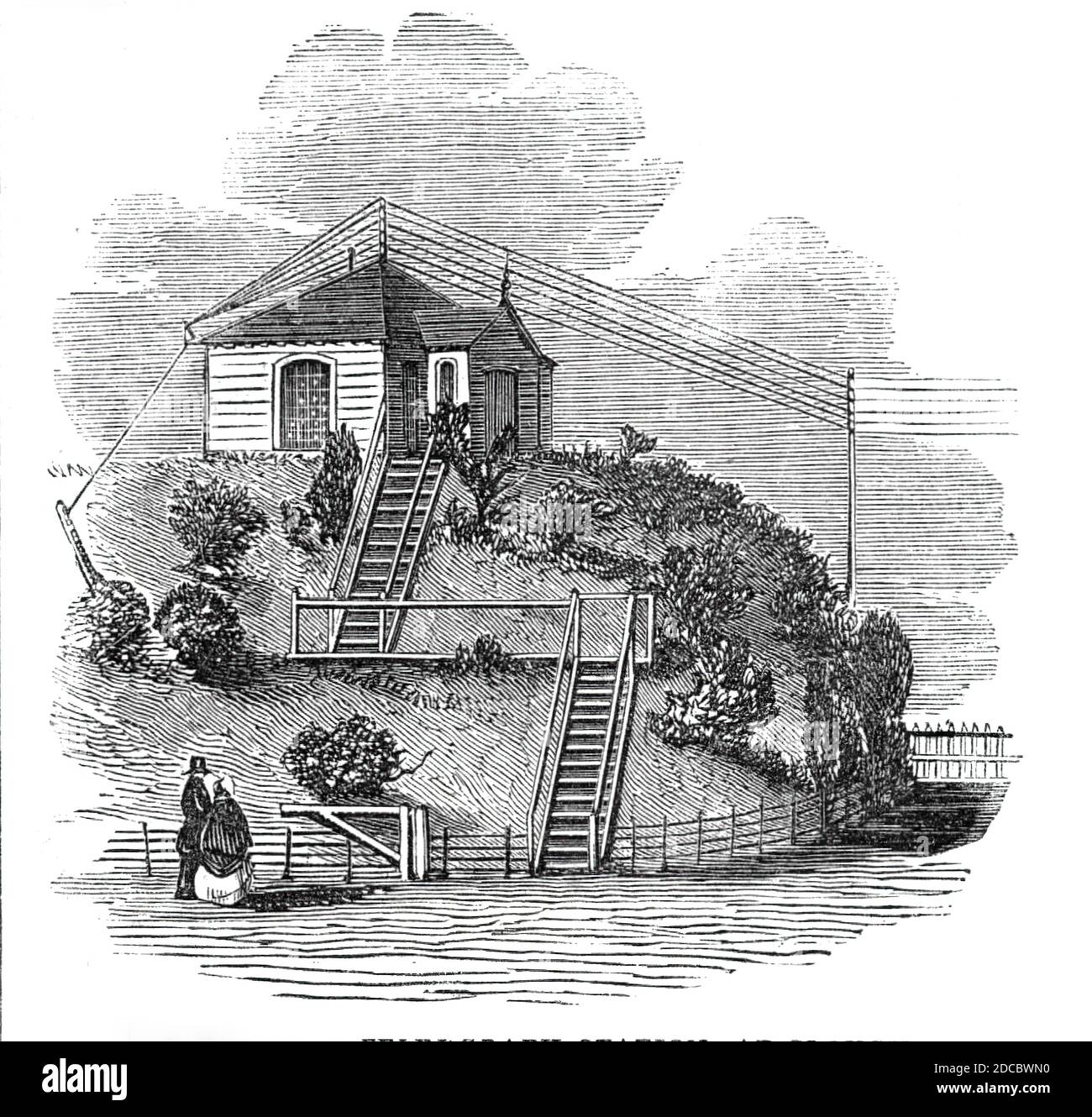 La stazione elettrica del telegrafo, a Slough, 1844. La notizia della nascita di Alfred, Duca di Sassonia-Coburg e Gotha viene trasmessa a Londra. "Grazie alla straordinaria potenza di questo trionfo della scienza, l'evento favorevole dell'accouchement di sua Maestà [Regina Vittoria] il martedì mattina, è stato comunicato dal Castello di Windsor alla metropoli in undici minuti!". Da "Illustrated London News", 1844, Vol I. Foto Stock