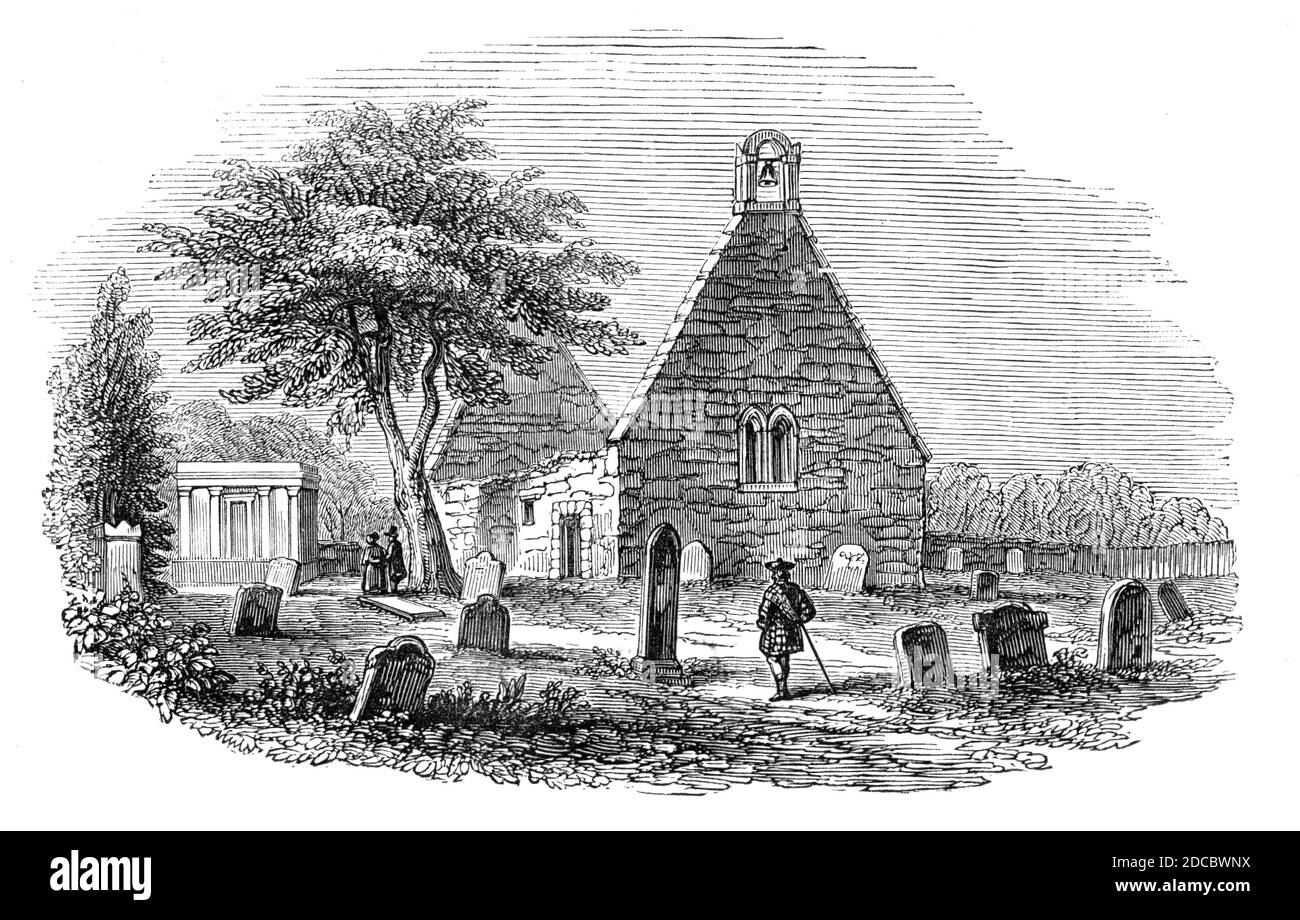 Alloway Kirk, Tam o'Shanter, 1844. Le rovine di Alloway Auld Kirk, che risale al 16 ° secolo, vicino a Alloway in Scozia. È la scena della danza delle streghe nel poema "Tam o' Shanter" di Robert Burns. '"il kirk infestato da auld", con il suo piccolo sepolcro chiuso, costeggia direttamente la strada. Le quattro pareti svelate, rimangono intorno al recinto in cui Tam vide "i morti nei loro ultimi abiti", il bunker winnock in Oriente, "dove sate il nemico" è una caratteristica cospicua, essendo una piccola finestra, divisa da un folto mulo; segni di altro o Foto Stock