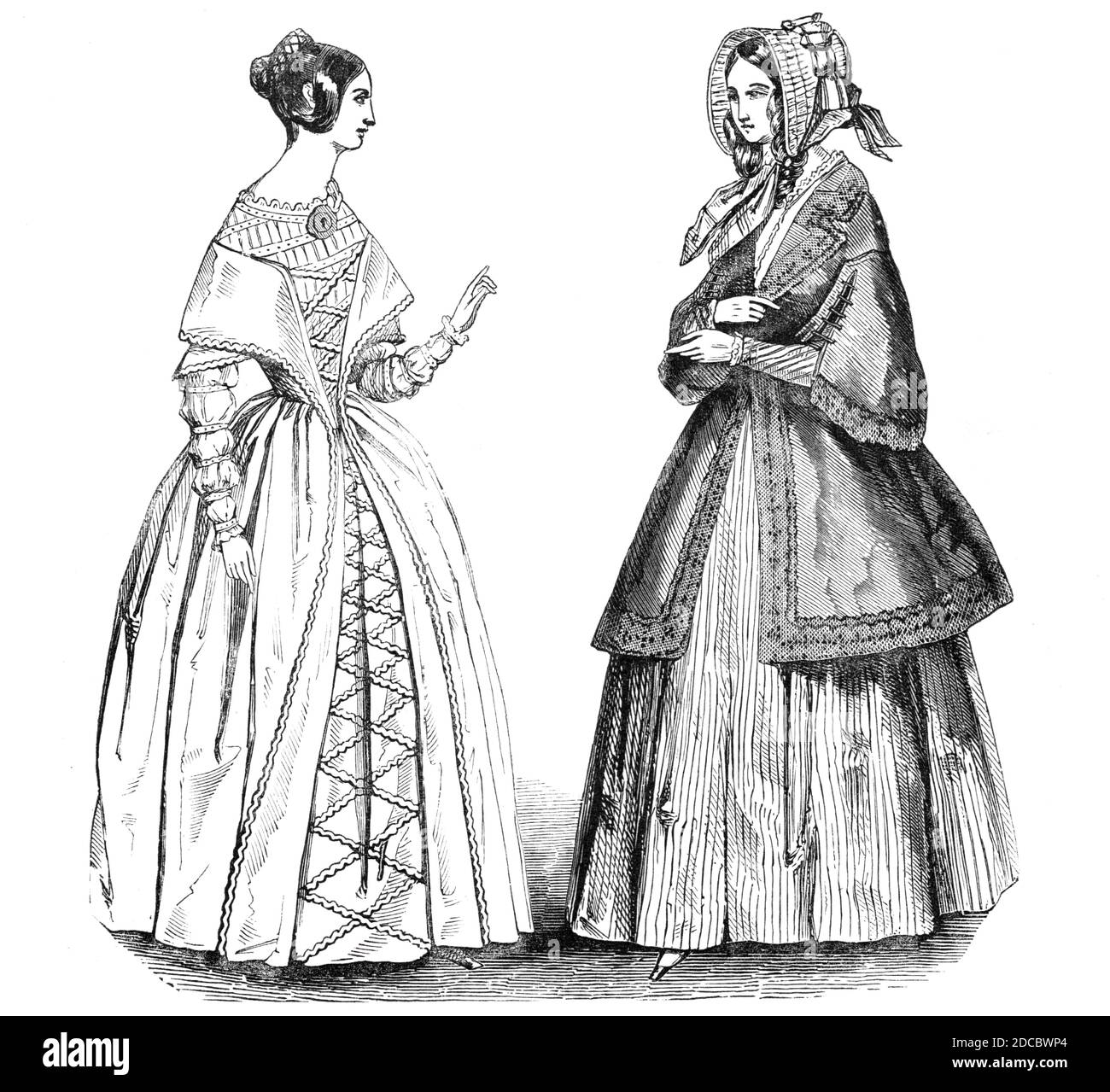 Moda per maggio 1844. "No. 1. Una coiffure di capelli Grecian. Un abito in seta Camelion, allacciato sul davanti con cordoncino in seta gimp, chemisette e maniche di mussola, con fasce ricamate. N. 2. una capote disegnata in seta. Un mantello di cachemire rifinito con pizzo nero'. Da "Illustrated London News", 1844, Vol I. Foto Stock