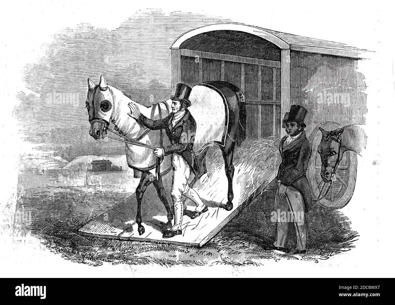 Furgone da corsa, 1844. 'Questo Engraving può essere considerato come un'introduzione alle scene brillanti della riunione di Goodwood... il trasporto dei piloti freschi al corso nel furgone per lo scopo non è la preparazione meno importante per una gara da parte dei funzionari della scuderia. Con questo significa che gli stufati eleganti e ad alta velocità sono mantenuti in buone condizioni'. Da "Illustrated London News", 1844, Vol I. Foto Stock