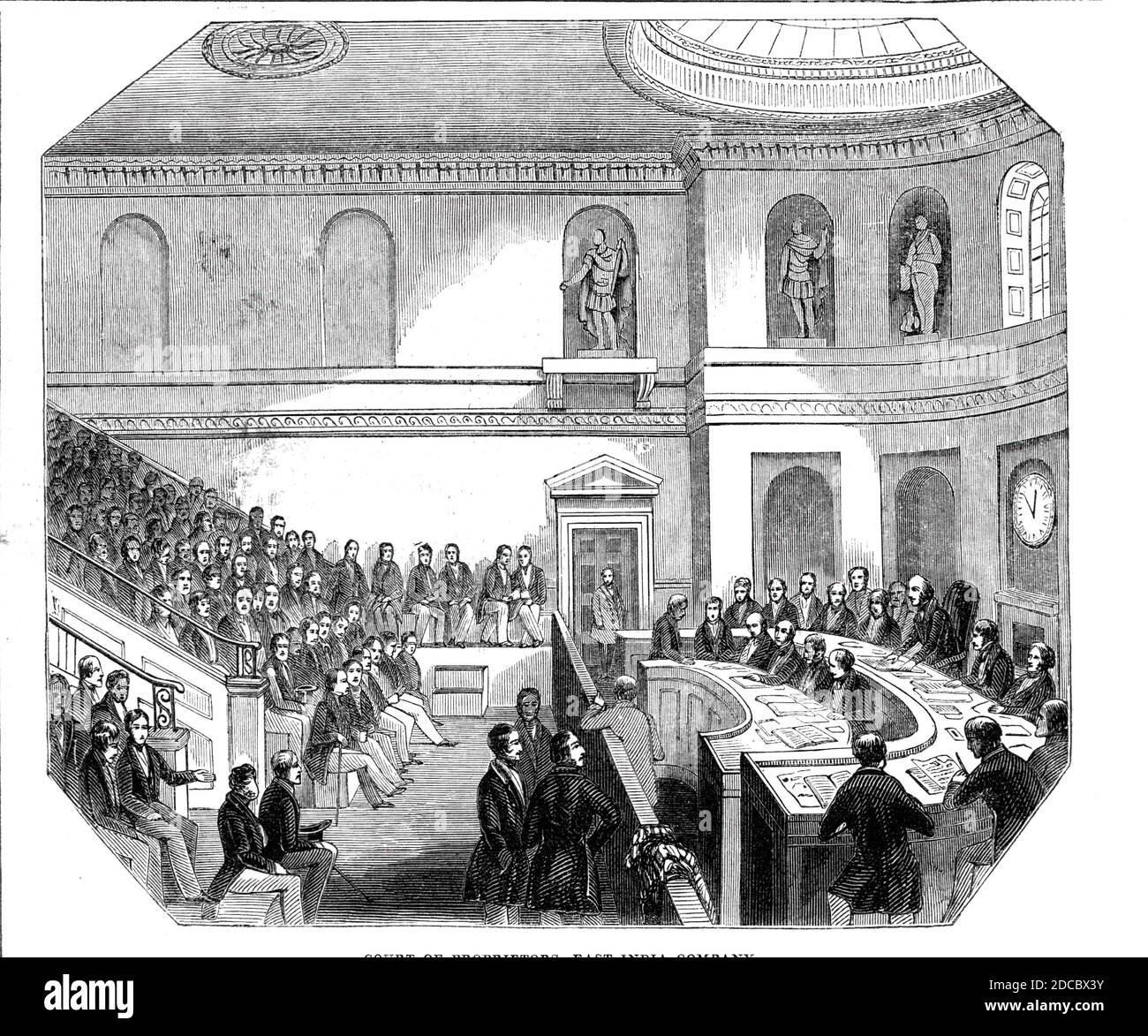 Corte dei proprietari, East India Company, 1844. '...una vista della General Court Room [in Leadenhall Street, Londra]. Il suo lato est è occupato da file di posti a sedere, che si elevano dal pavimento, vicino al centro della stanza, verso il soffitto, sostenuto da una galleria, dove il pubblico è ammesso; sul piano sono posti per il presidente, il segretario, e gli impiegati. Contro la parete ovest, in nicchie, sono sei statue di persone che si sono distinte al servizio della Compagnia: Lord Clive, Warren Hastings, e il marchese Cornwallis occupano quelli a sinistra; e Sir Eyre Coote, generale Lawrance, A. Foto Stock