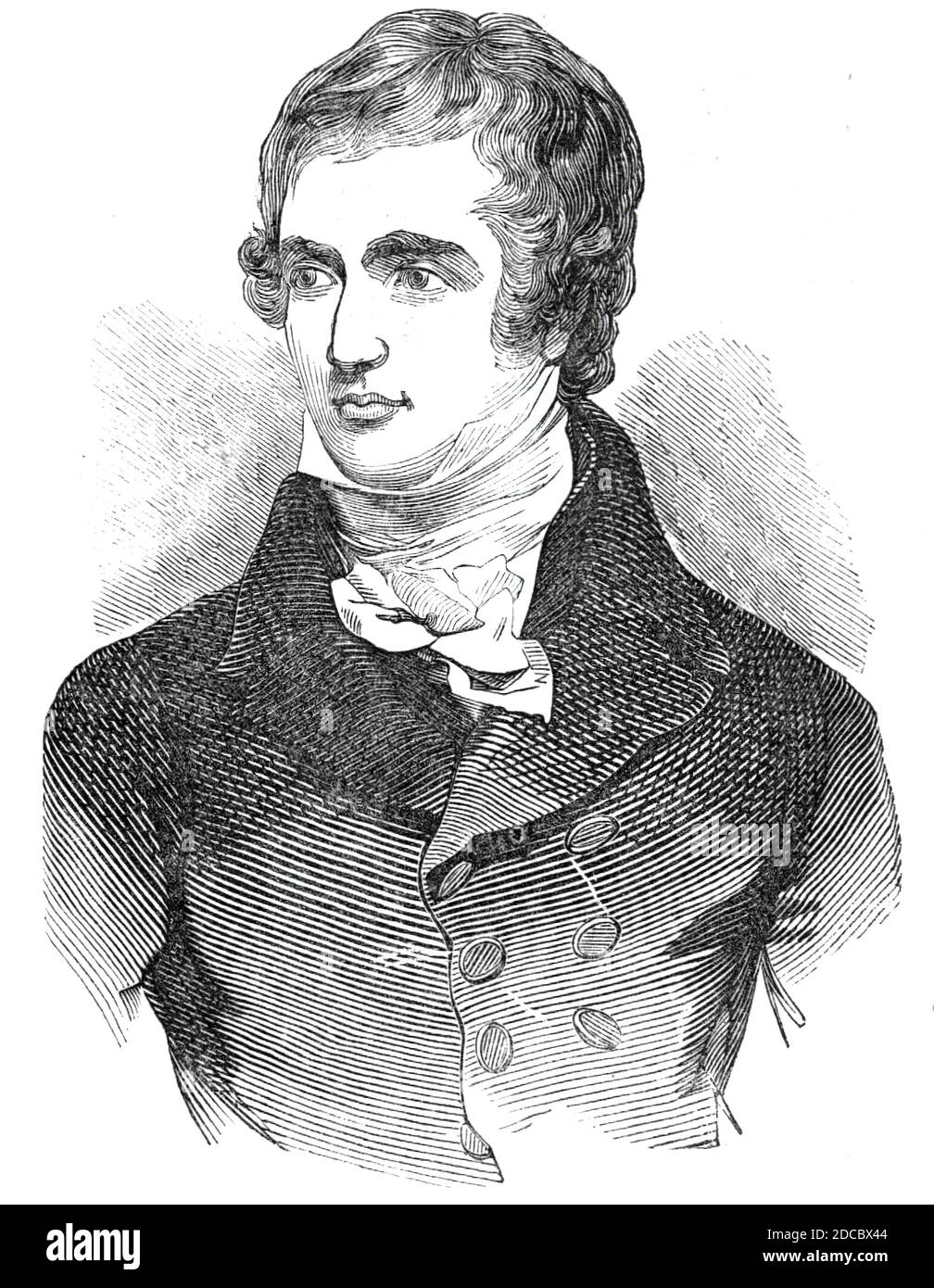 Lord Stanley, 1844. Ritratto del politico britannico Edward Geoffrey Smith Stanley, Lord Stanley... il figlio maggiore del tredicesimo conte di Derby. È nato il 29 marzo 1799... è sua Maestà e il segretario principale per le colonie, e fino alla sua tardiva accettazione del Chiltern centinaia, si è seduto per la Divisione Nord del Lancashire'. Da "Illustrated London News", 1844, Vol I. Foto Stock