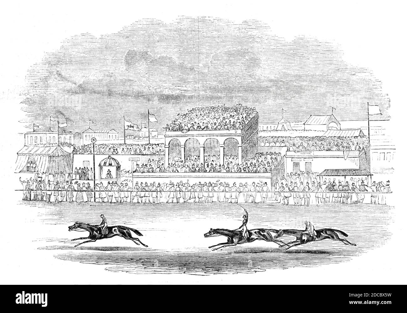 "Red Deer" vincendo la "Chester Cup" - da un disegno fatto sul posto, 1844. Corse di cavalli a Chseter. 'La prima gara è scese poco dopo le tre, l'ultima pochi minuti prima delle sette - una mancanza di una delle virtù cardinali del tappeto erboso - puntualità, che avrebbe potuto essere servibile ai proprietari delle cabine da bere, Ma era tutto ma piacevole a coloro che hanno l'abitudine di frequentare Newmarket, Liverpool, Goodwood e Ascot'. Da "Illustrated London News", 1844, Vol I. Foto Stock