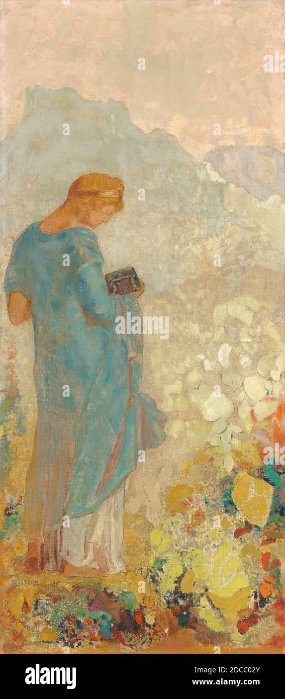 Odilon Redon, (artista), francese, 1840 - 1916, Pandora, 1910/1912, olio su tela, totale: 143.5 x 62.9 cm (56 1/2 x 24 3/4 pollici), incorniciato: 161.9 x 81 cm (63 3/4 x 31 7/8 pollici Foto Stock
