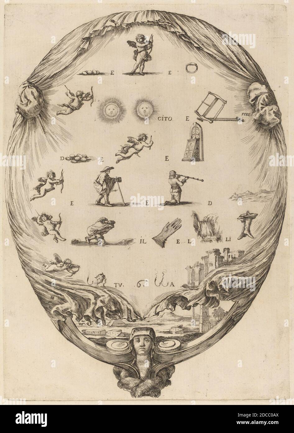 Stefano della Bella, (artista), fiorentino, 1610 - 1664, schermo raffigurante il Rebus Italiano dell'Amore, Quadreria Medicea, vol.3 (1986.50.11-108), (serie), incisione su carta deposte Foto Stock