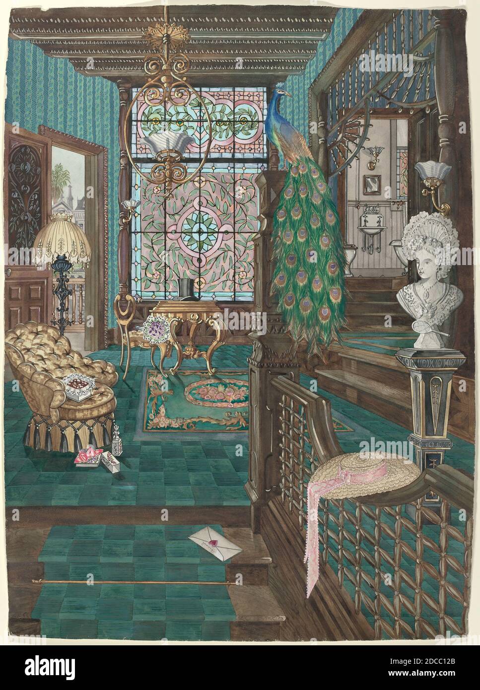 Perkins Harnly, (artista), americano, 1901 - 1986, secondo piano Stair Landing and Hall, 1935/1942, acquerello, gouache, e grafite su carta, totale: 78.3 x 57.3 cm (30 13/16 x 22 9/16 pollici Foto Stock