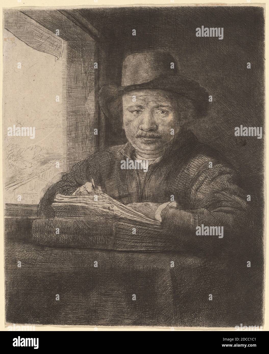 Rembrandt van Rijn, (artista), olandese, 1606 - 1669, disegno autoritratto alla finestra, 1648, incisione, punto secco e burina, foglio (tagliato all'interno della tacca della piastra): 15.9 x 13 cm (6 1/4 x 5 1/8 pollici Foto Stock
