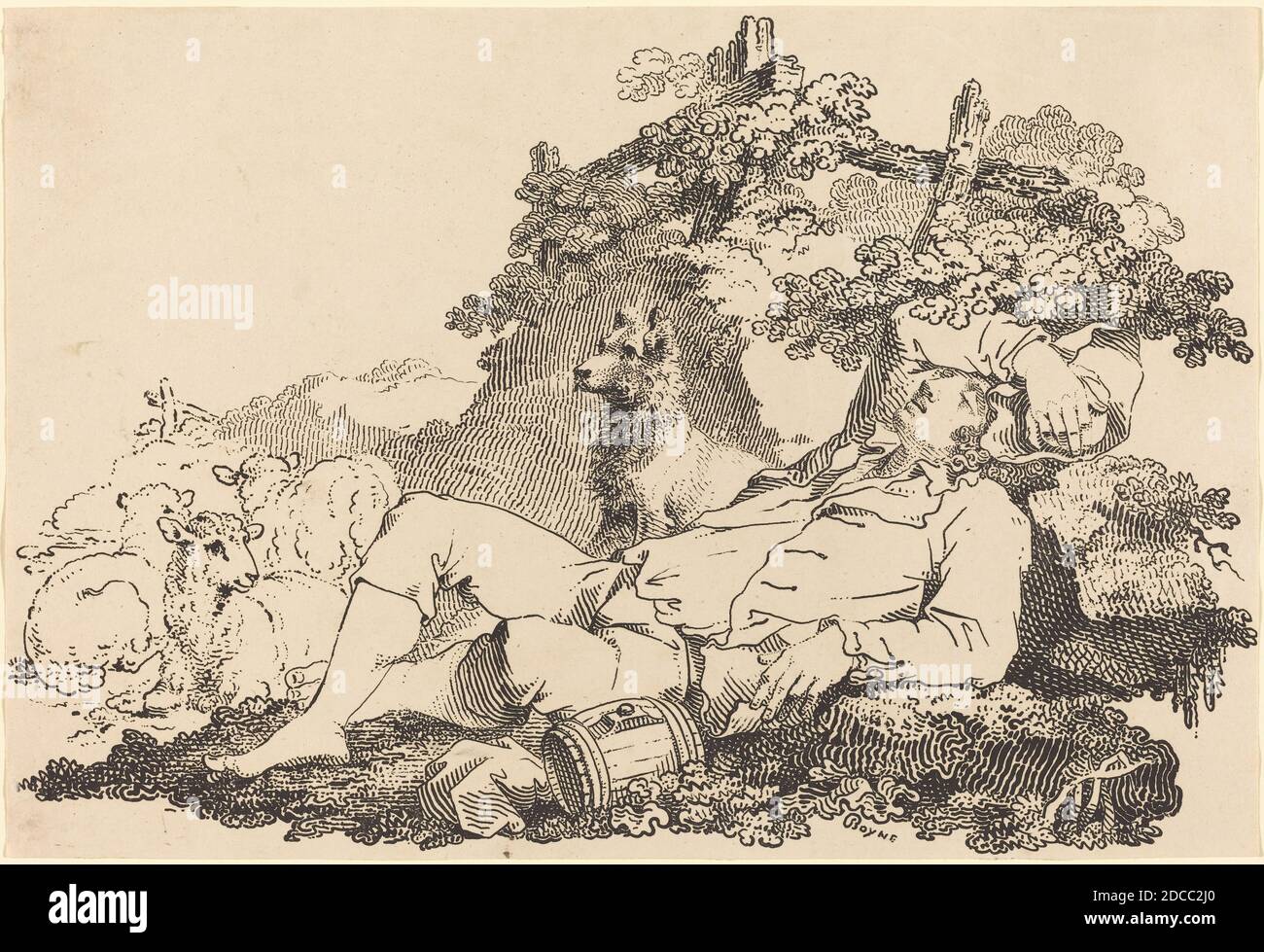 John Boyne, (artista), britannico, c.. 1750 - 1810, Pastore con cane e pecora, esemplari di poliautografia, (serie), 1806, litografia a penna e a tusche Foto Stock