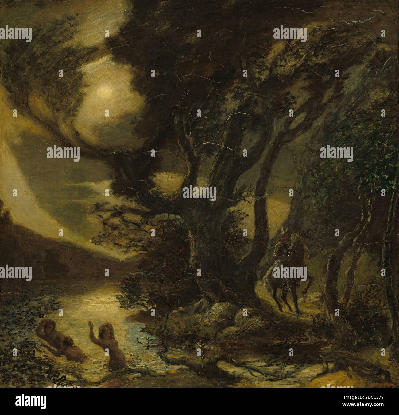 Albert Pinkham Ryder, (artista), americano, 1847 - 1917, Siegfried and the Rhine Maidens, 1888/1891, olio su tela, totale: 50.5 x 52 cm (19 7/8 x 20 1/2 in.), incorniciato: 75.3 x 77.2 x 6.4 cm (29 5/8 x 30 3/8 x 2 1/2 in.), per suo conto, Ryder fu così affascinato da una performance di cinque ore della Götterdämmerung di Wagner che si precipitò a casa e cominciò a dipingere questa rappresentazione della narrazione dell'opera, lavorando senza sonno o cibo per quarantotto ore. Galoppando su un sentiero illuminato dalla luna, il leggendario eroe nordico Siegfried incontra un gruppo di Maidens del Reno che si seducono seducenti Foto Stock