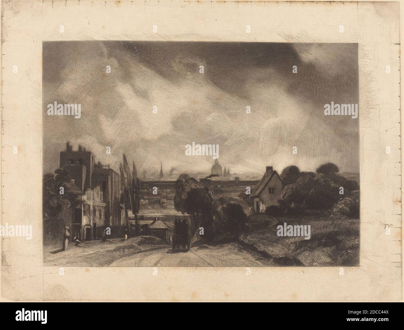 David Lucas, (artista), britannico, 1802 - 1881, John Constable, (artista dopo), inglese, 1776 - 1837, Sir Richard Steele's Cottages, pubblicato 1845, mezzotint Foto Stock