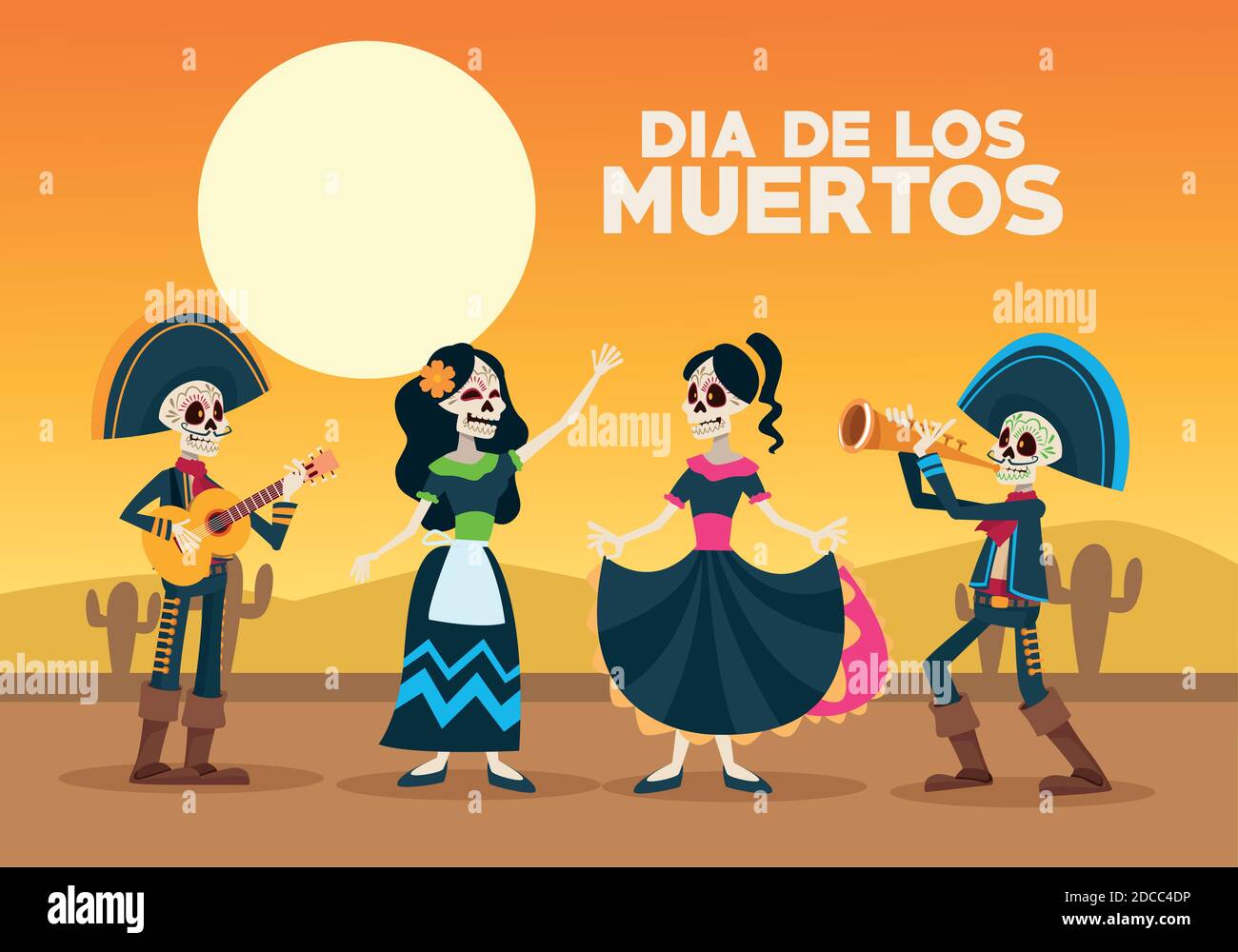 dia de los muertos card con gruppo di scheletri in disegno di illustrazione del vettore del deserto Illustrazione Vettoriale