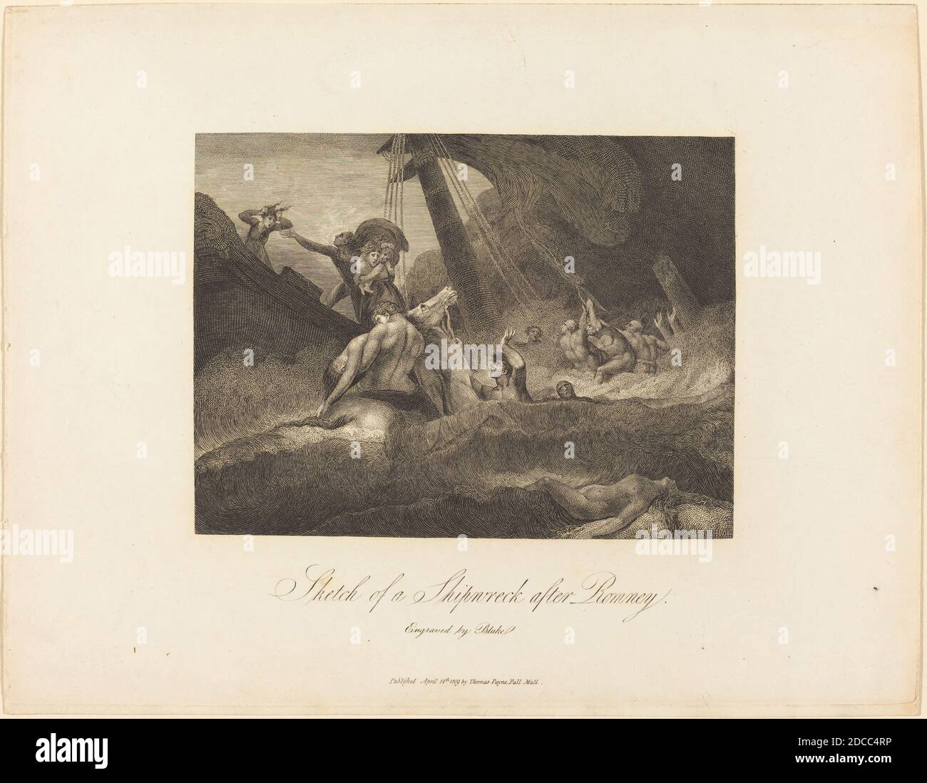 William Blake, (artista), British, 1757 - 1827, George Romney, (artista dopo), British, 1734 - 1802, Sketch of a Shipwreck, W. Hayley's 'The Life of George Romney, Esq.', (serie), 1809, incisione Foto Stock