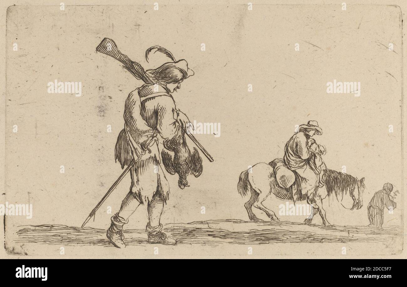 Stefano della Bella, (artista), fiorentino, 1610 - 1664, Soldier Holding a fowl by the feet, Quadreria Medicea, vol.3 (1986.50.11-108), (serie), incisione su carta deposte Foto Stock